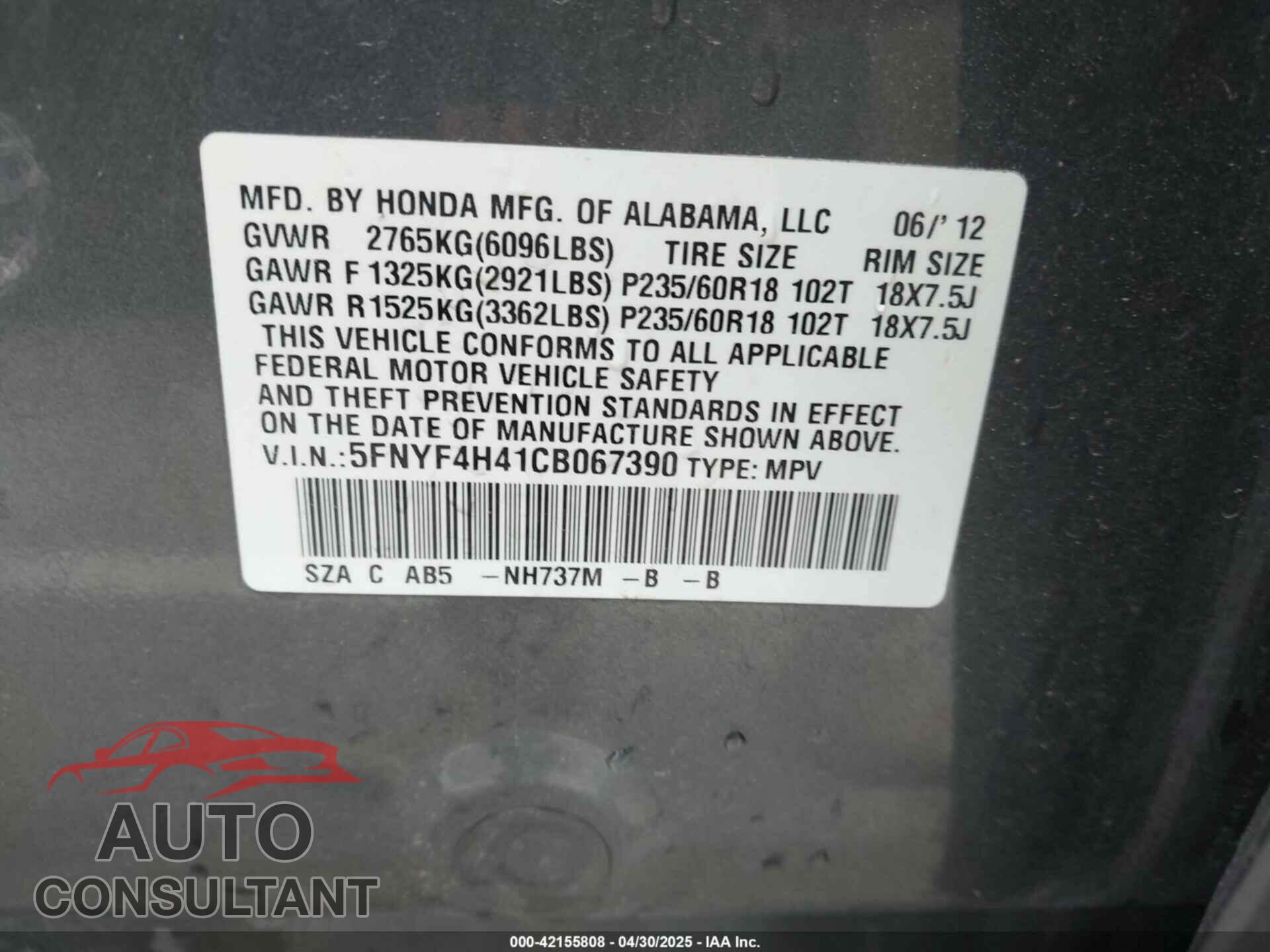 HONDA PILOT 2012 - 5FNYF4H41CB067390