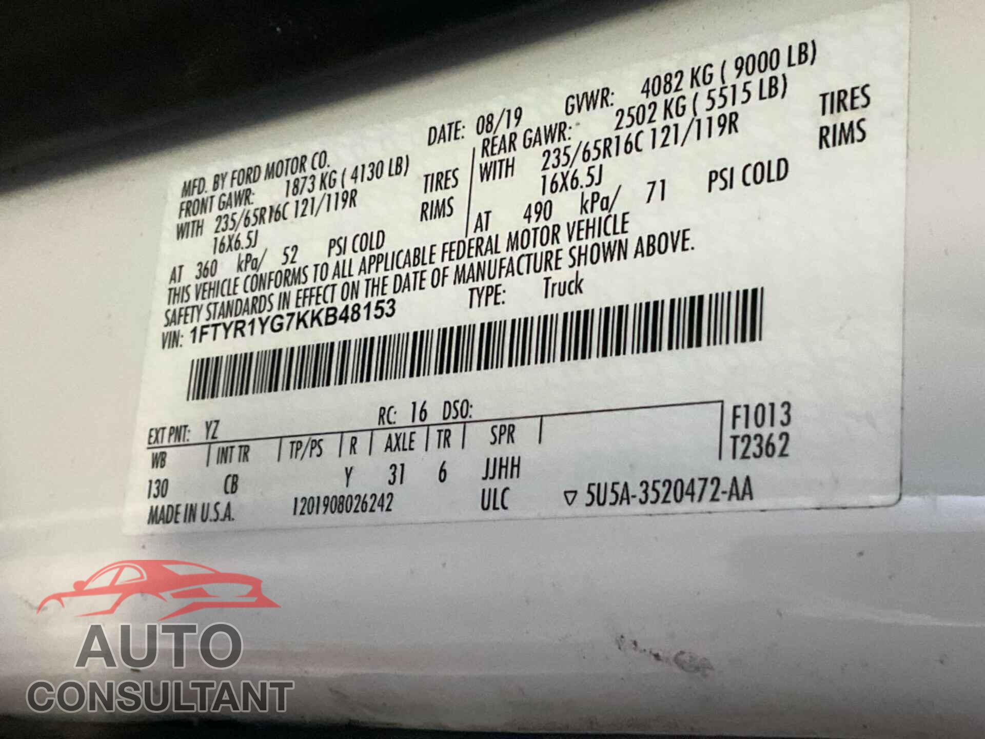 FORD TRANSIT 2019 - 1FTYR1YG7KKB48153