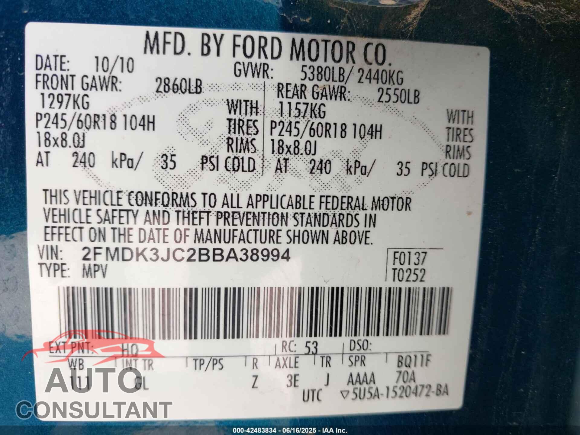 FORD EDGE 2011 - 2FMDK3JC2BBA38994