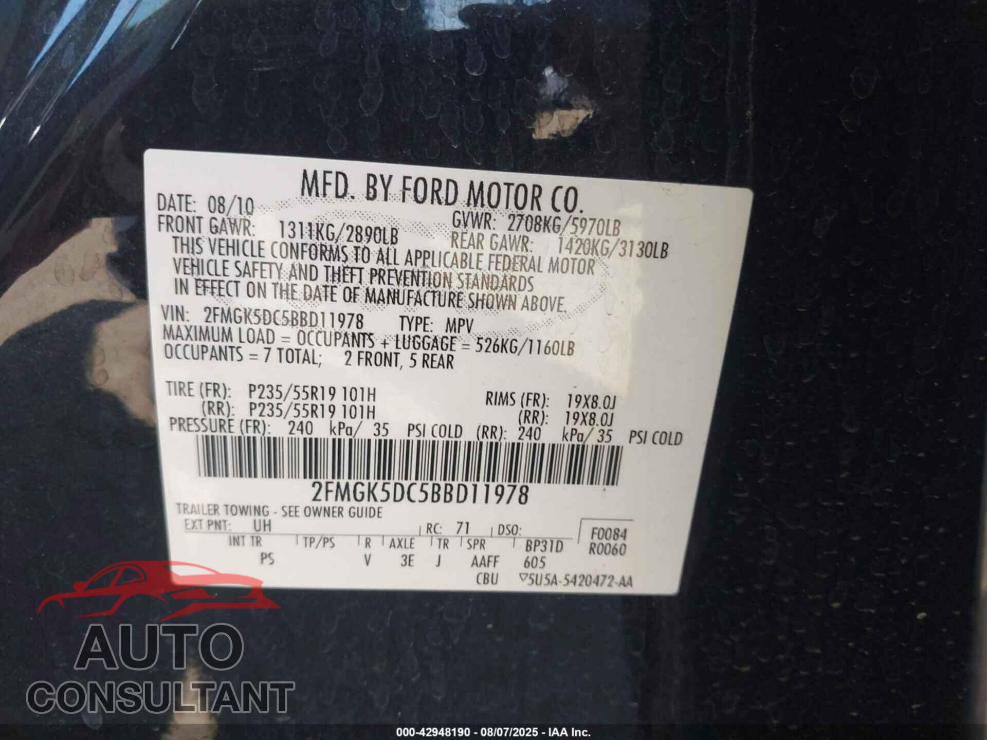 FORD FLEX 2011 - 2FMGK5DC5BBD11978
