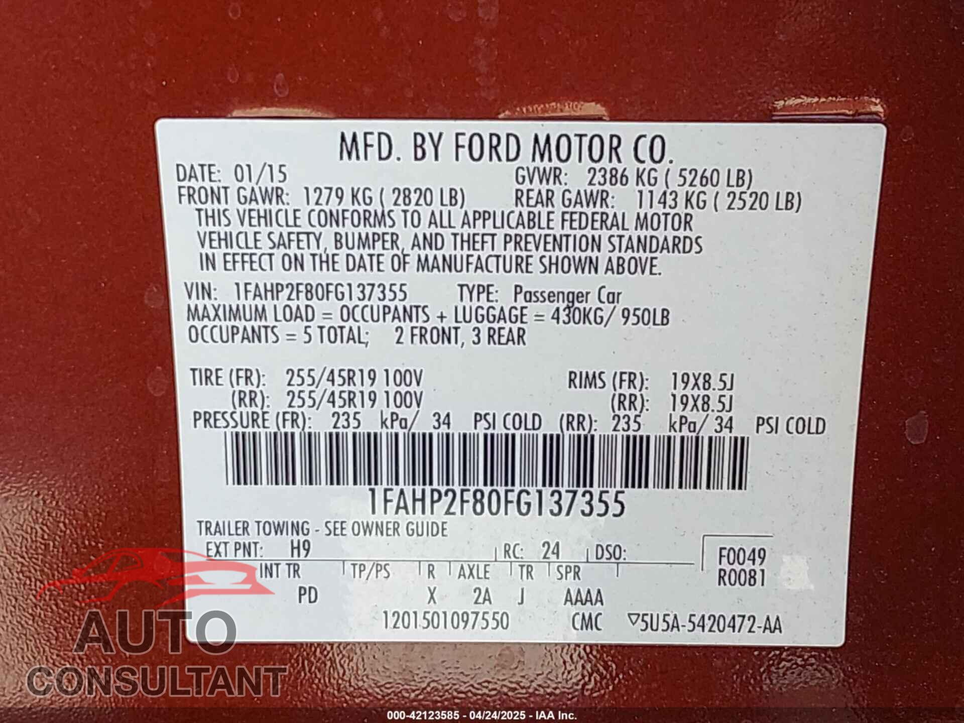 FORD TAURUS 2015 - 1FAHP2F80FG137355