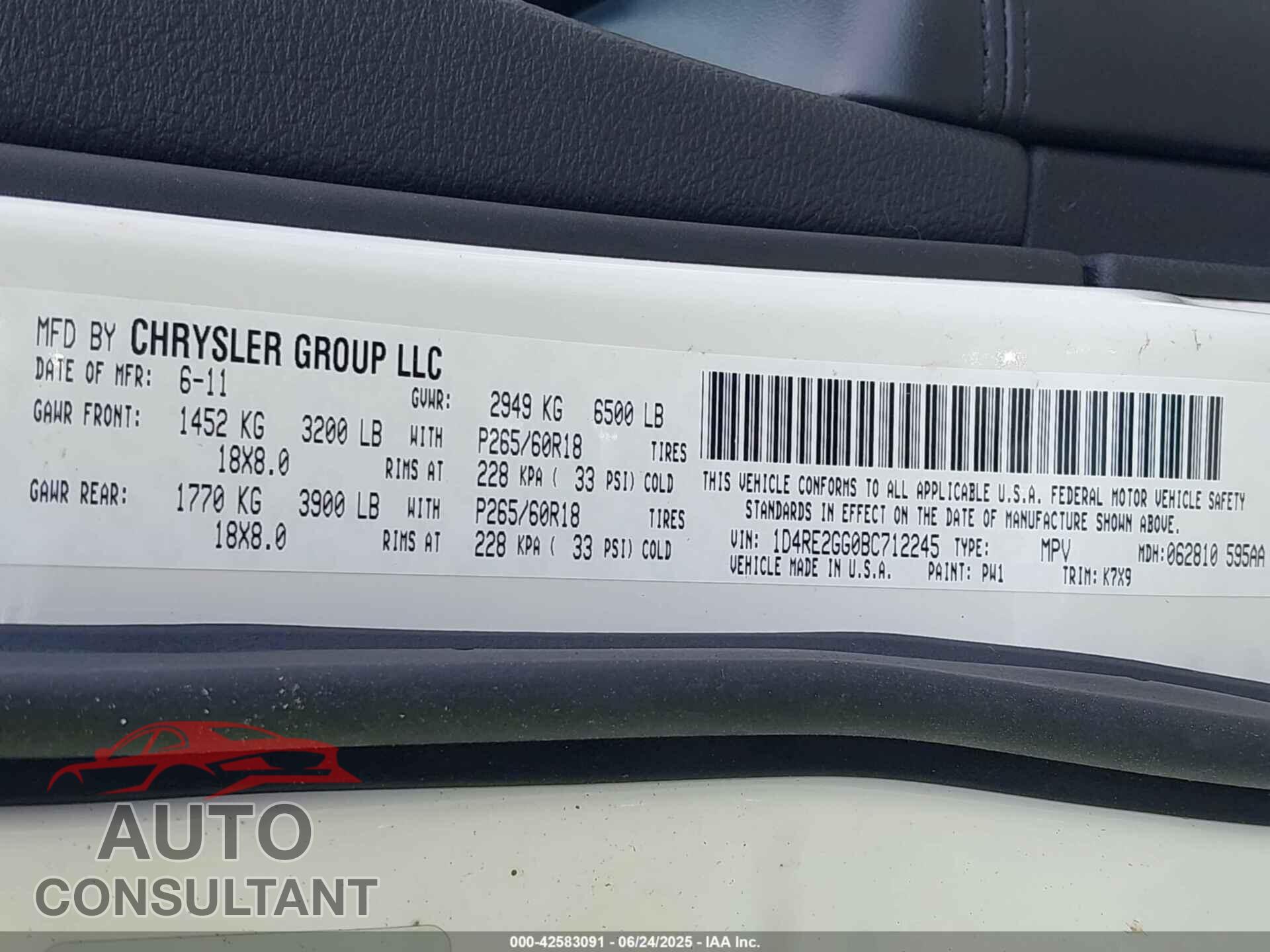 DODGE DURANGO 2011 - 1D4RE2GG0BC712245