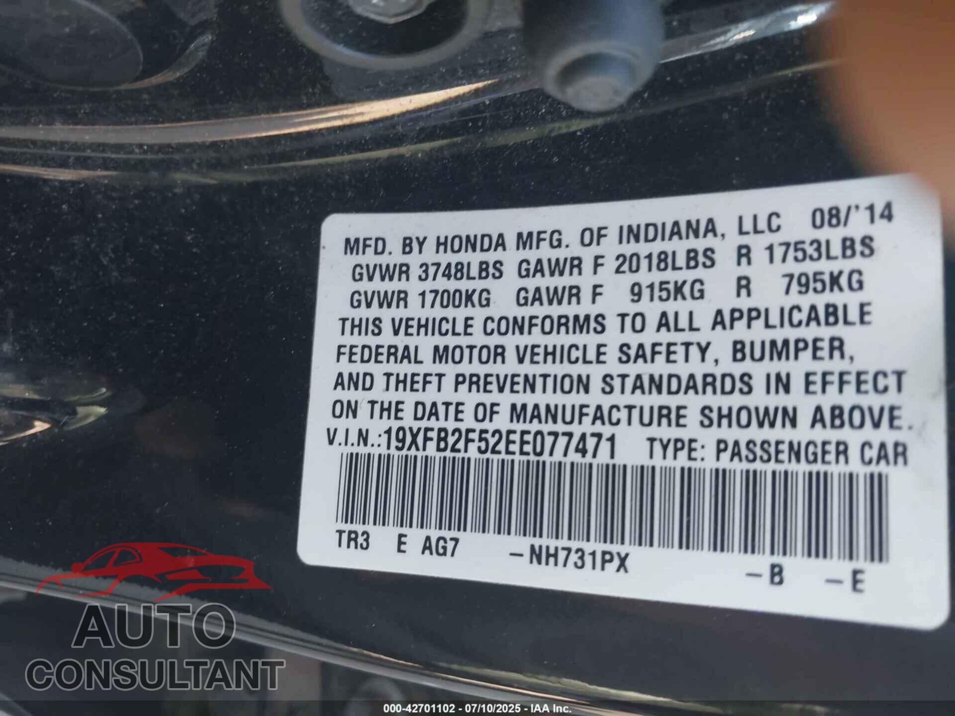 HONDA CIVIC 2014 - 19XFB2F52EE077471