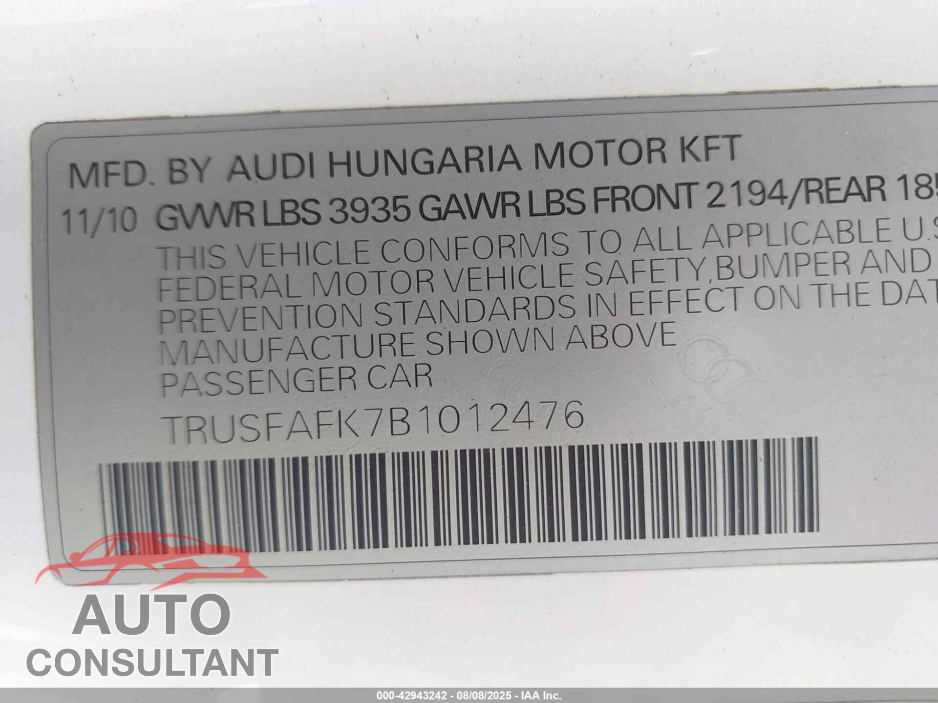AUDI TT 2011 - TRUSFAFK7B1012476