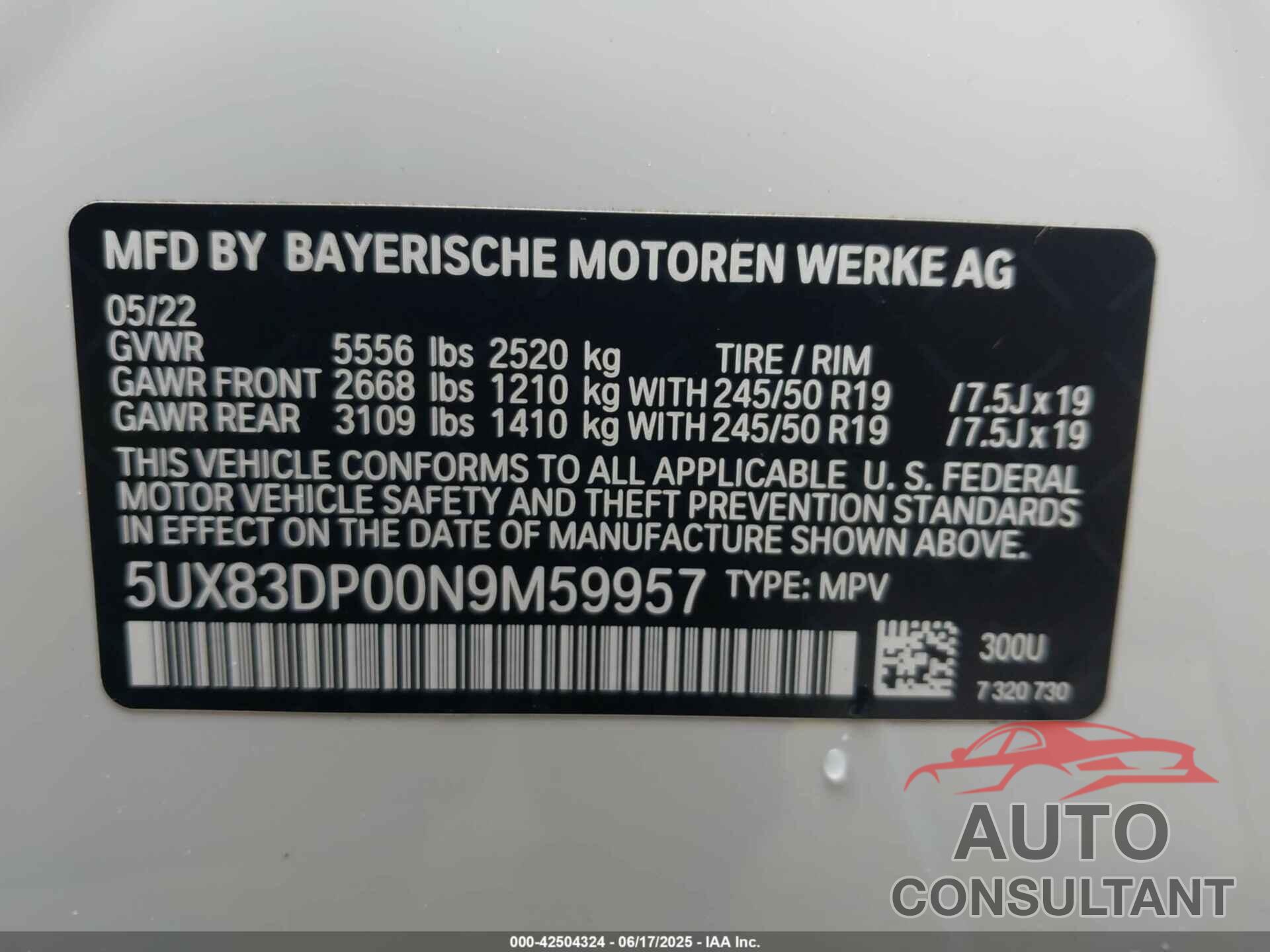 BMW X3 2022 - 5UX83DP00N9M59957