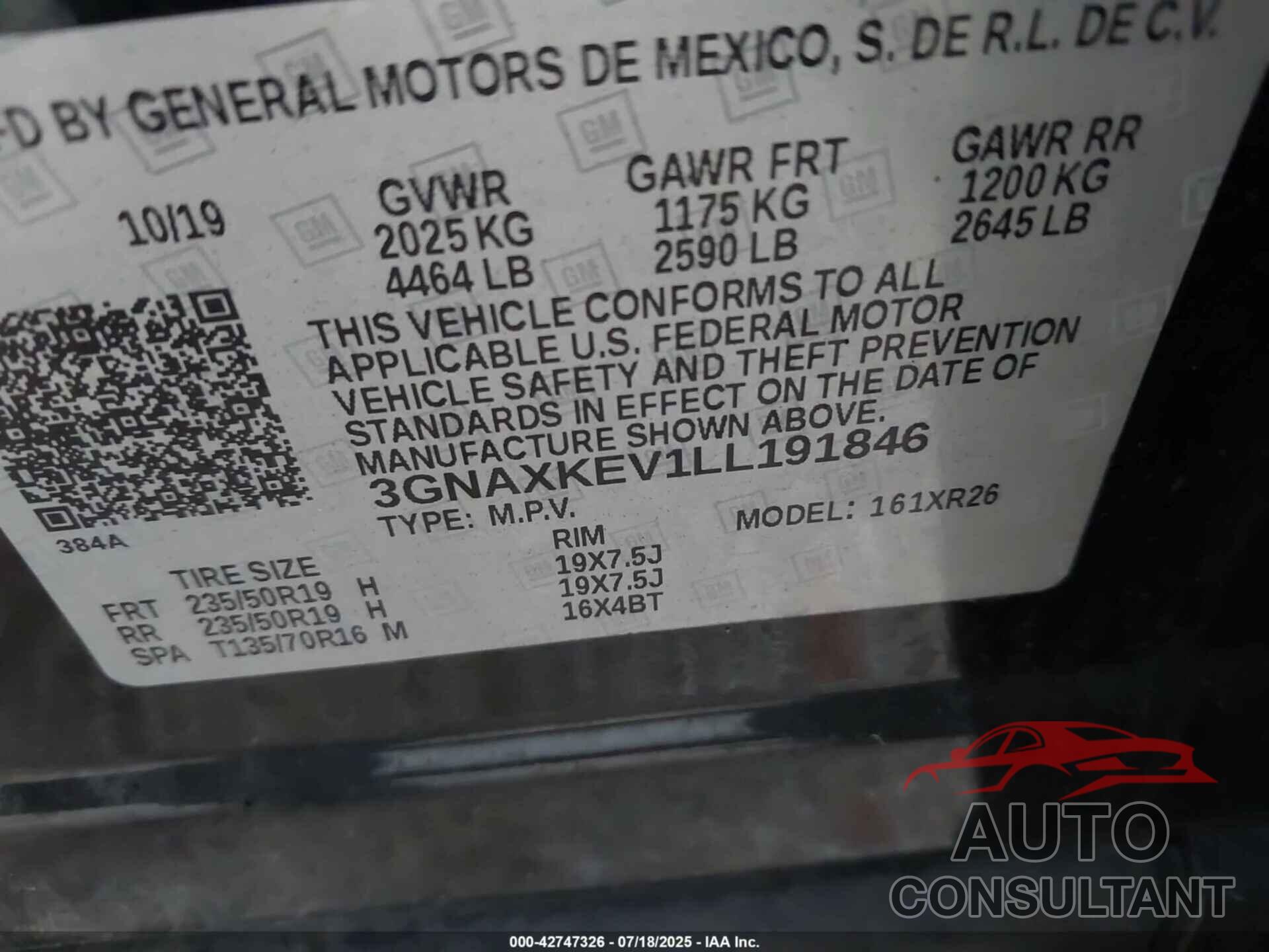 CHEVROLET EQUINOX 2020 - 3GNAXKEV1LL191846