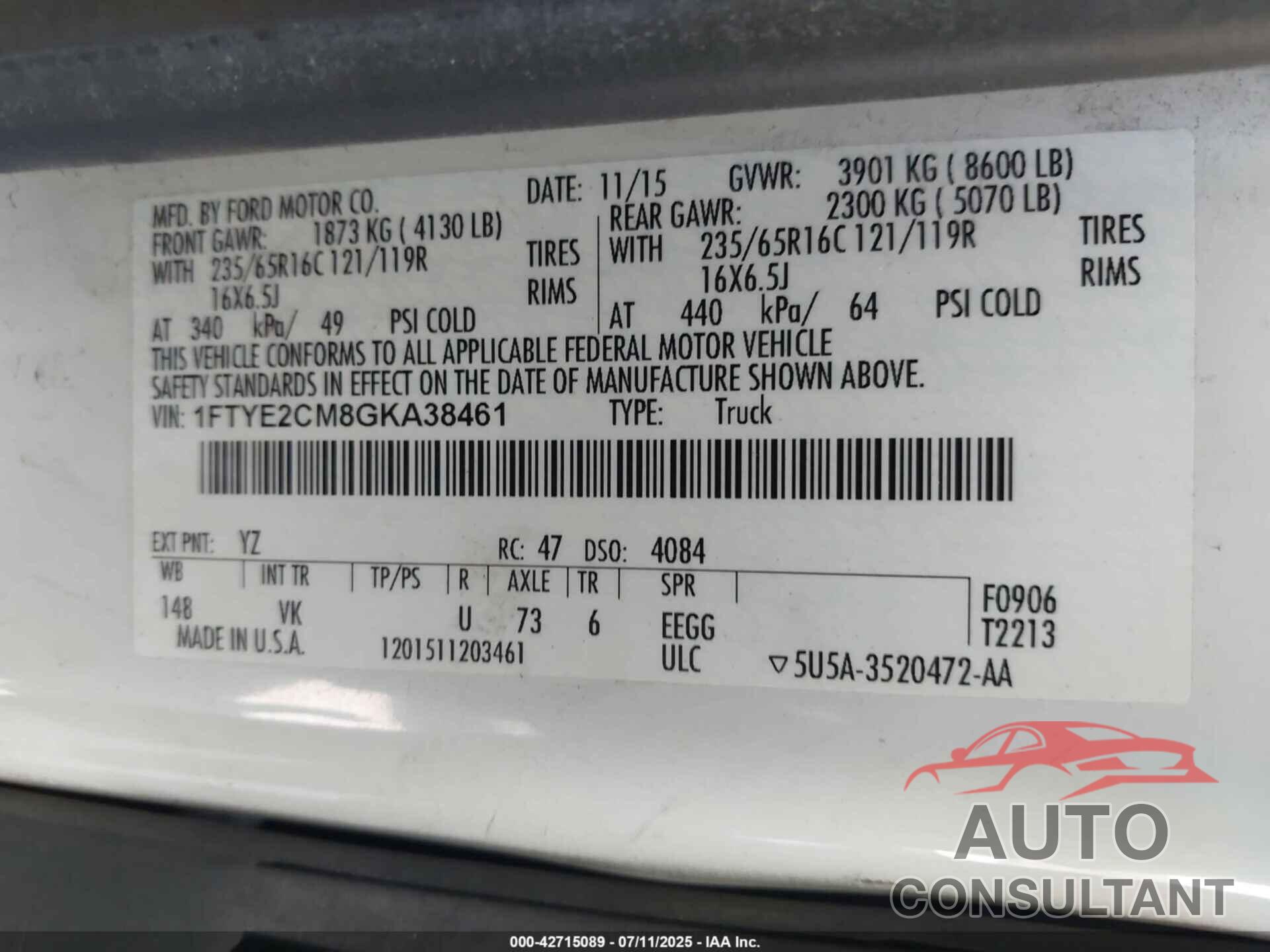 FORD TRANSIT-150 2016 - 1FTYE2CM8GKA38461