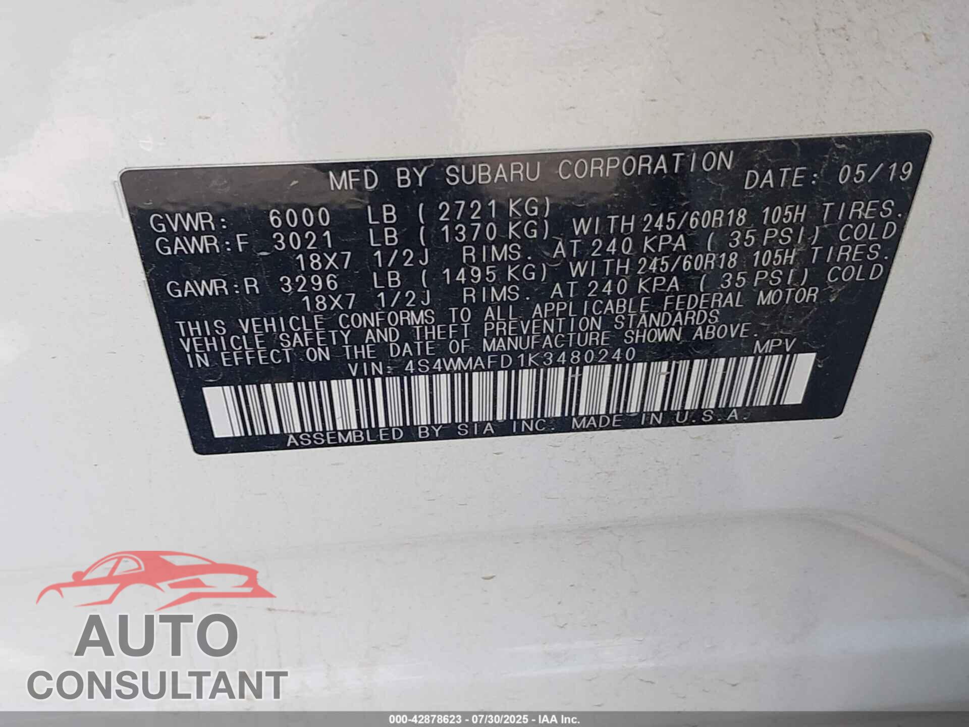 SUBARU ASCENT 2019 - 4S4WMAFD1K3480240