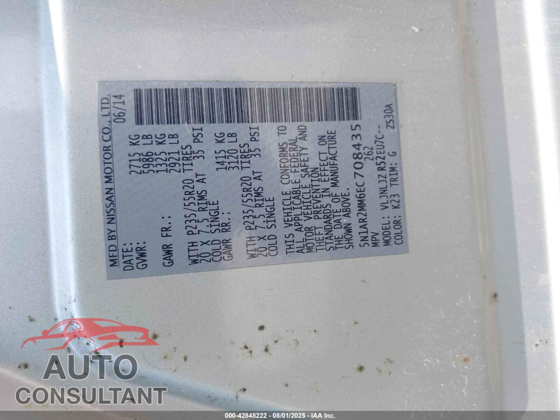NISSAN PATHFINDER 2014 - 5N1AR2MM6EC708435