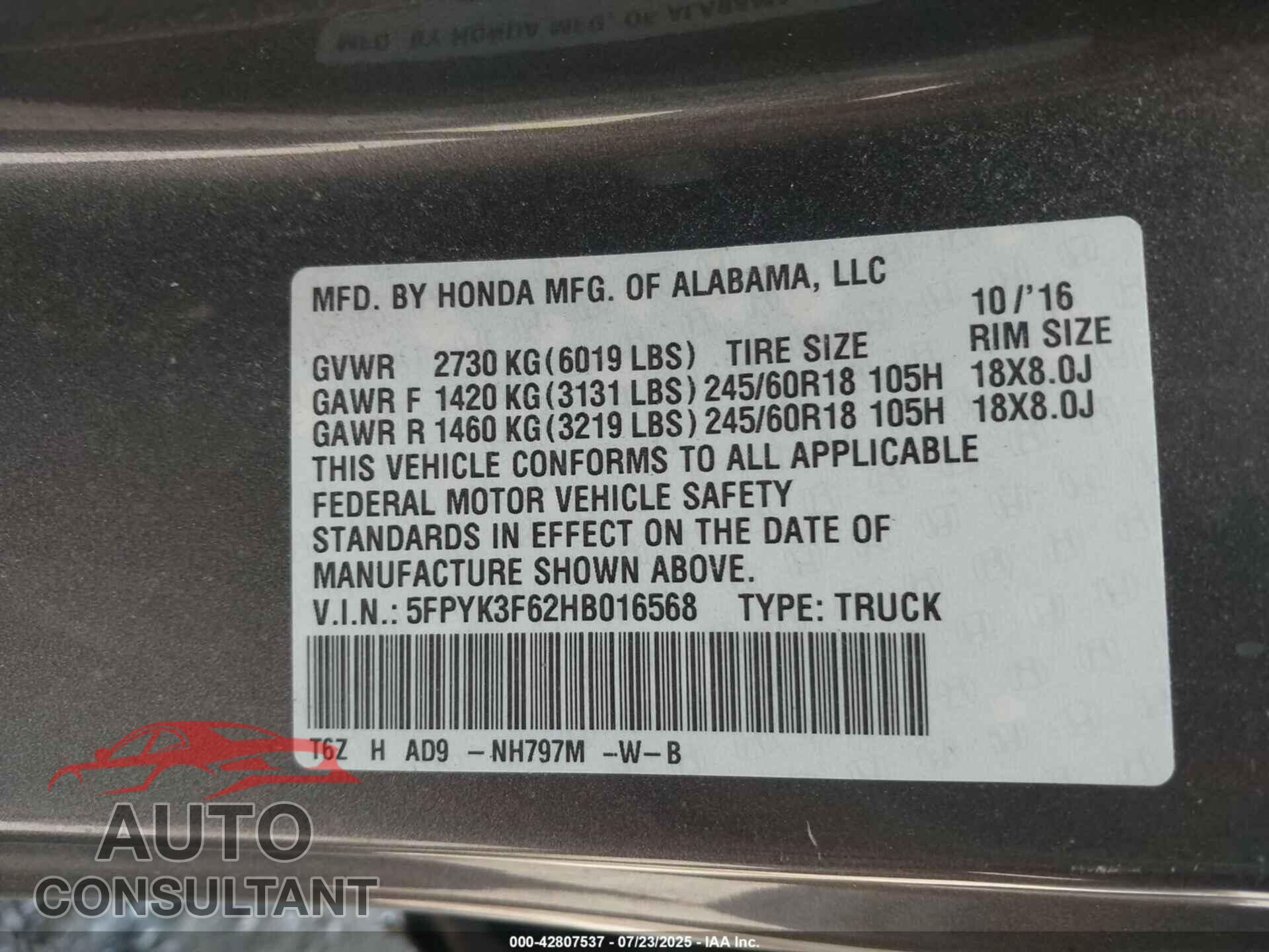 HONDA RIDGELINE 2017 - 5FPYK3F62HB016568