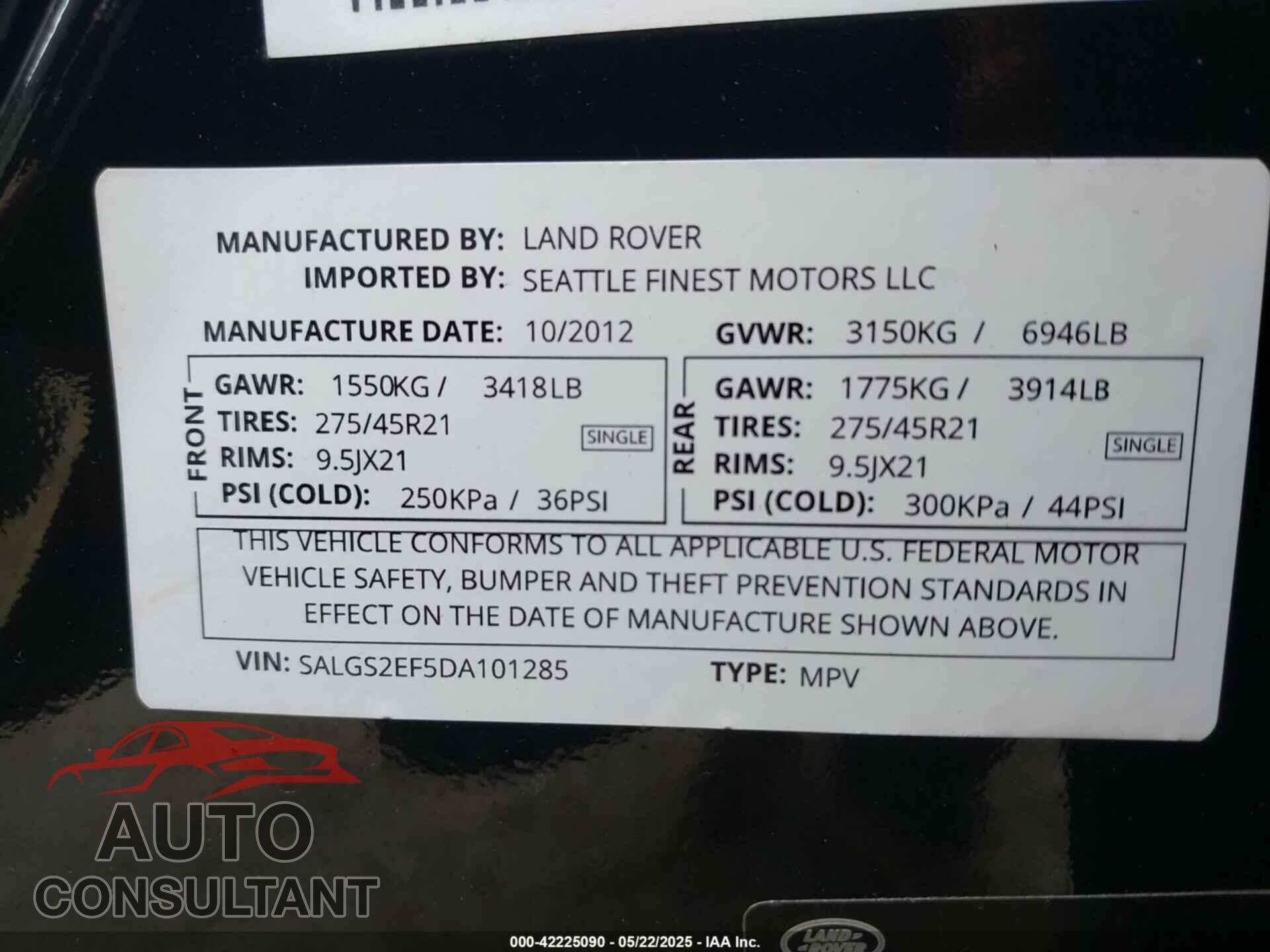 LAND ROVER RANGE ROVER 2013 - SALGS2EF5DA101285