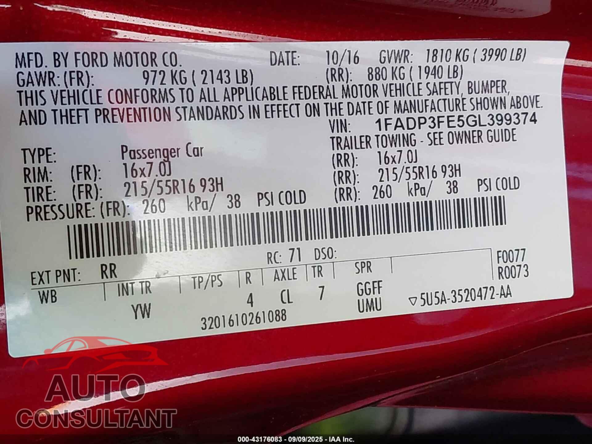 FORD FOCUS 2016 - 1FADP3FE5GL399374