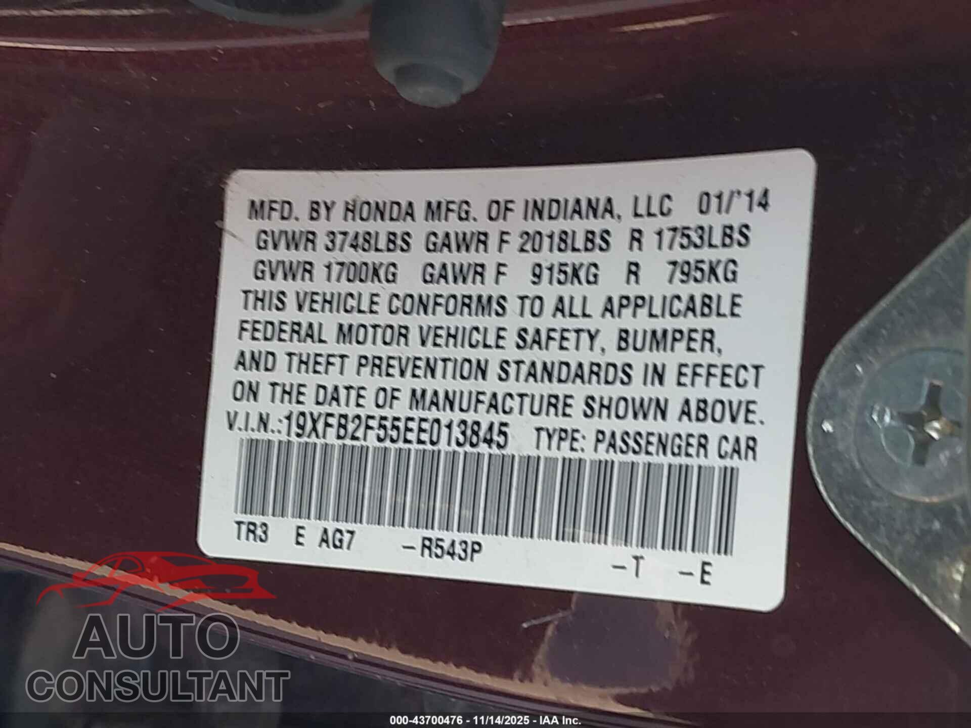 HONDA CIVIC 2014 - 19XFB2F55EE013845