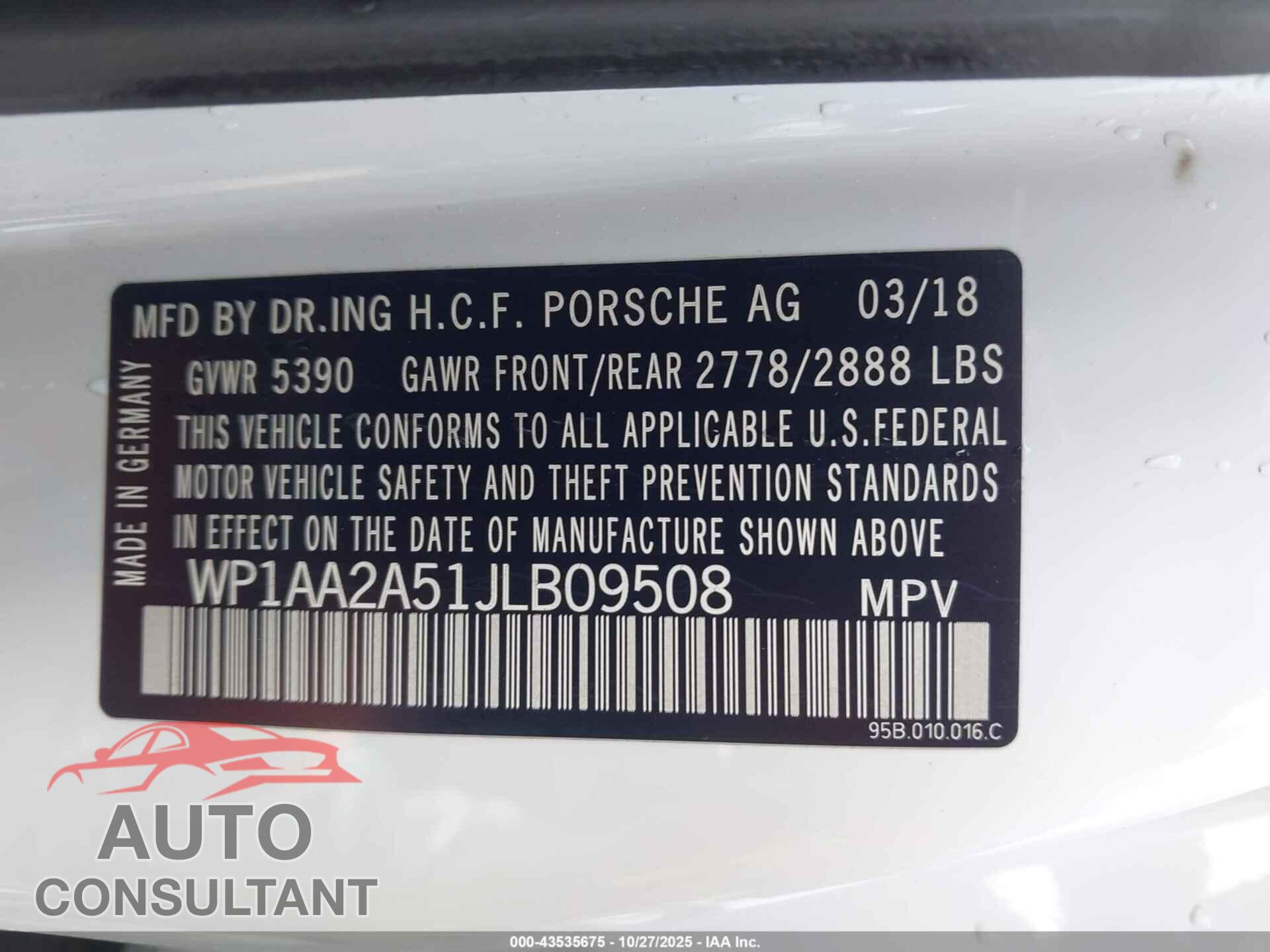 PORSCHE MACAN 2018 - WP1AA2A51JLB09508