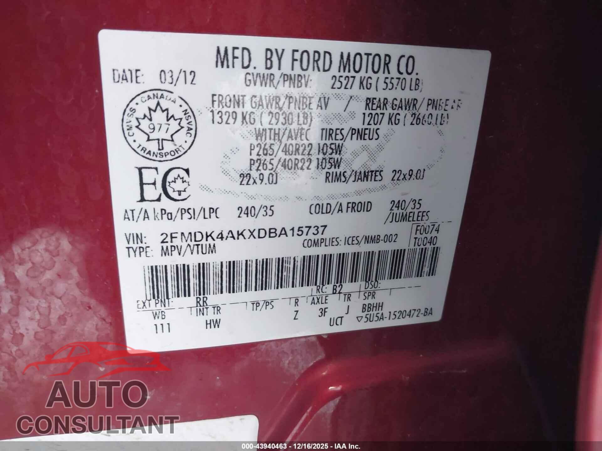 FORD EDGE 2013 - 2FMDK4AKXDBA15737
