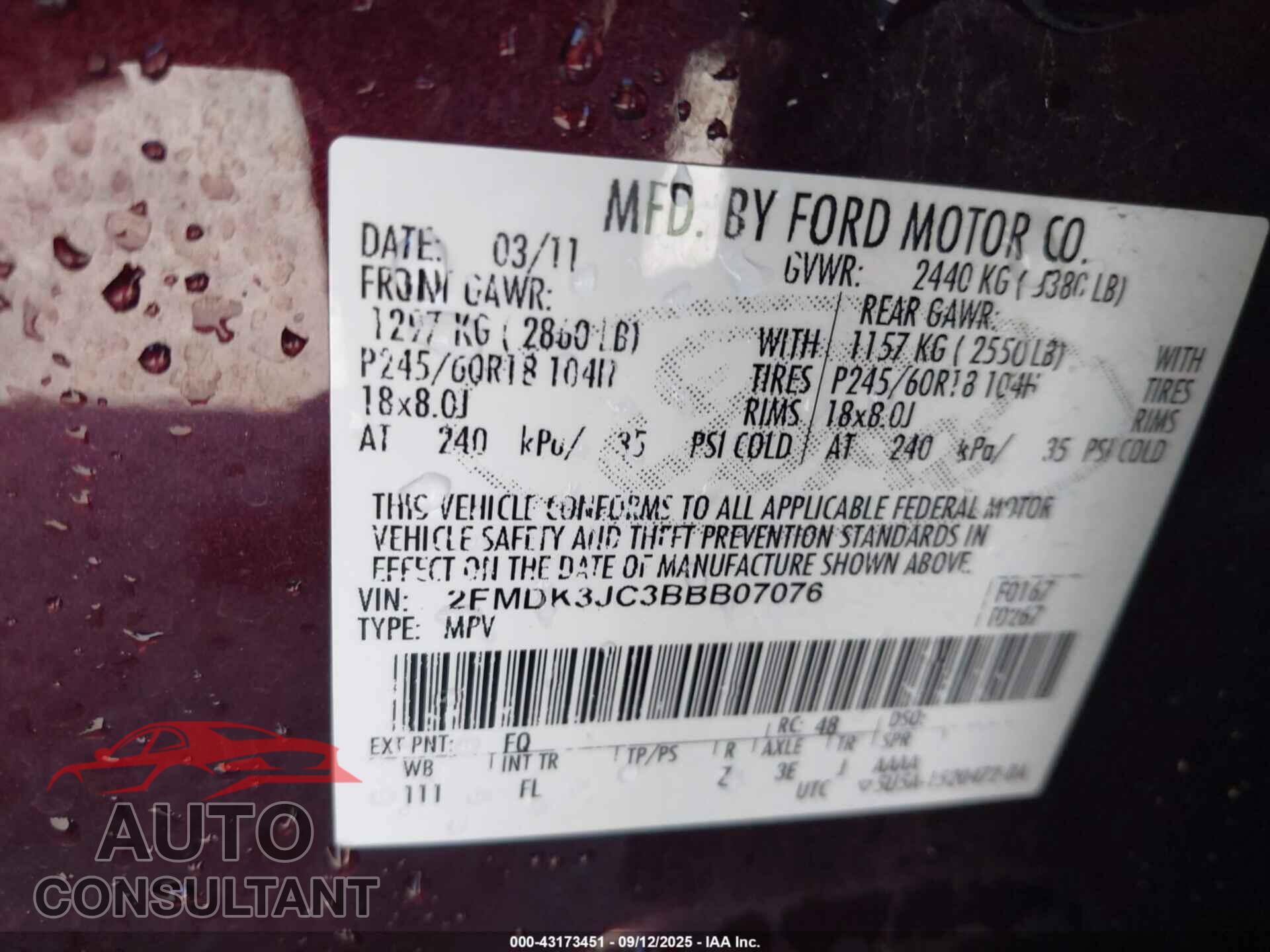 FORD EDGE 2011 - 2FMDK3JC3BBB07076
