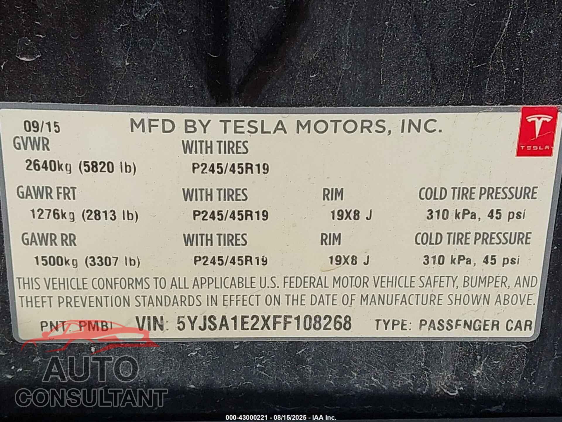TESLA MODEL S 2015 - 5YJSA1E2XFF108268