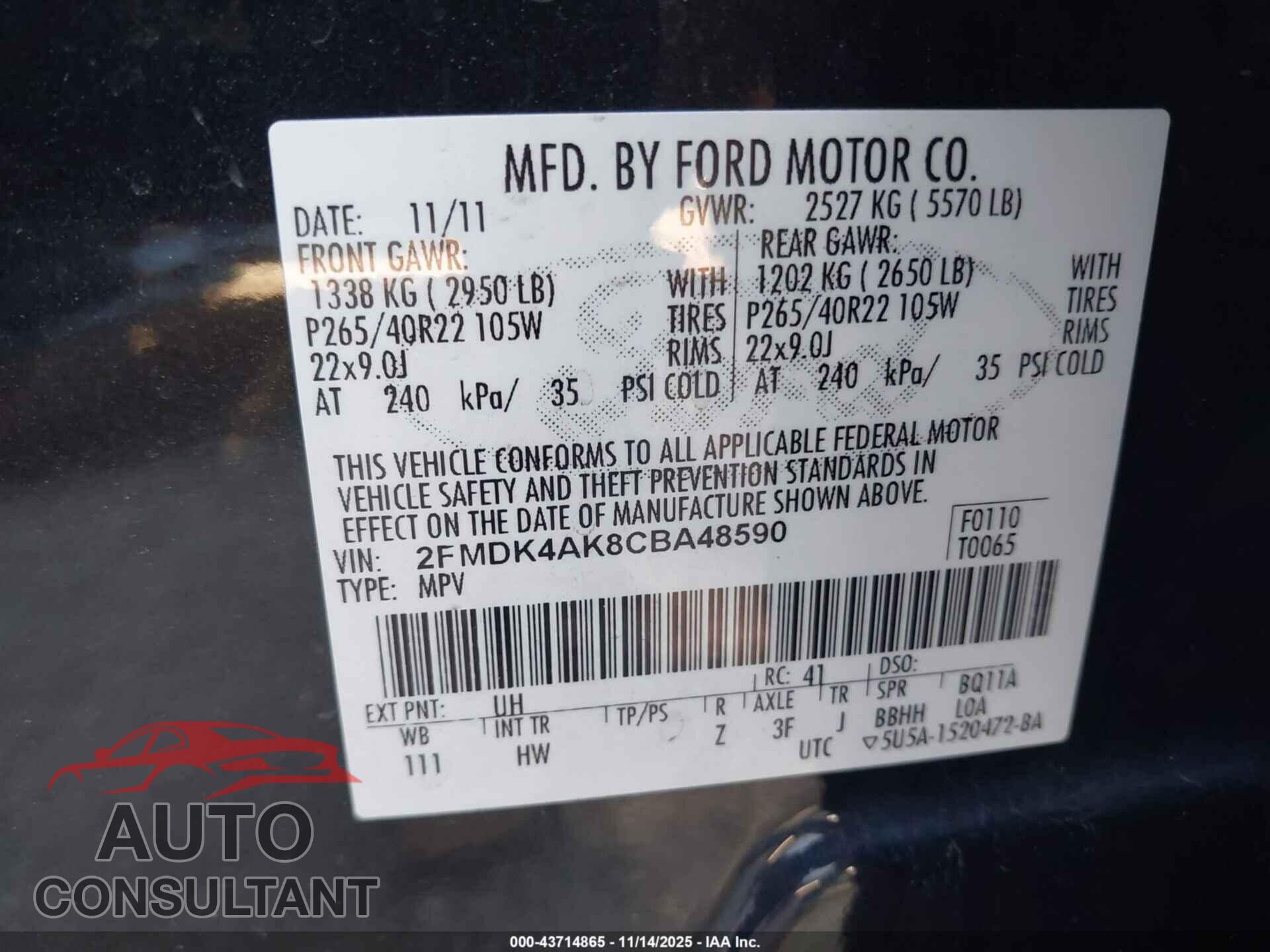 FORD EDGE 2012 - 2FMDK4AK8CBA48590
