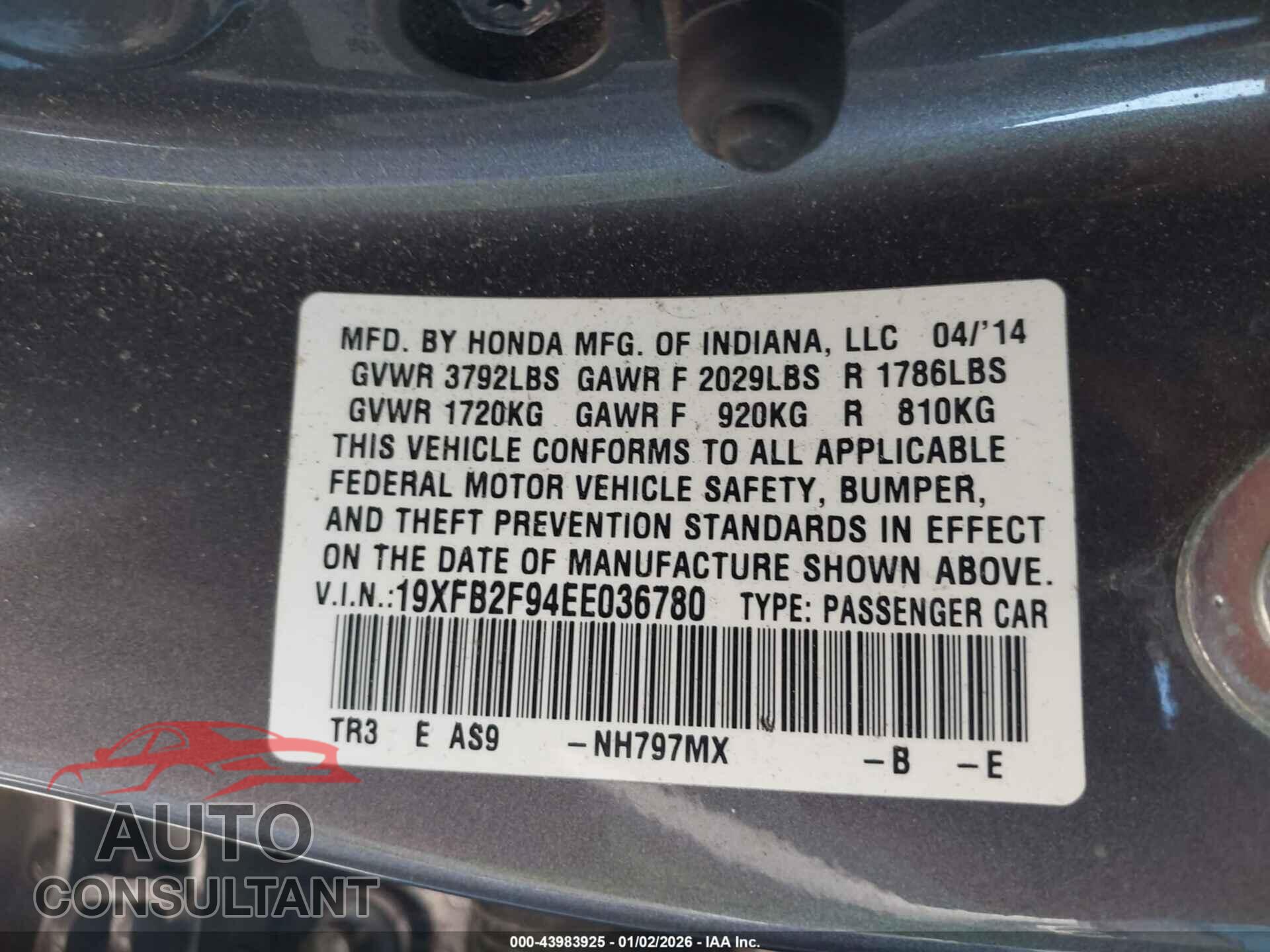 HONDA CIVIC 2014 - 19XFB2F94EE036780