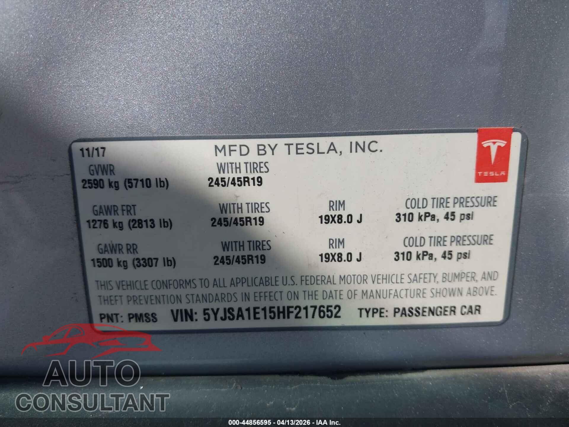 TESLA MODEL S 2017 - 5YJSA1E15HF217652