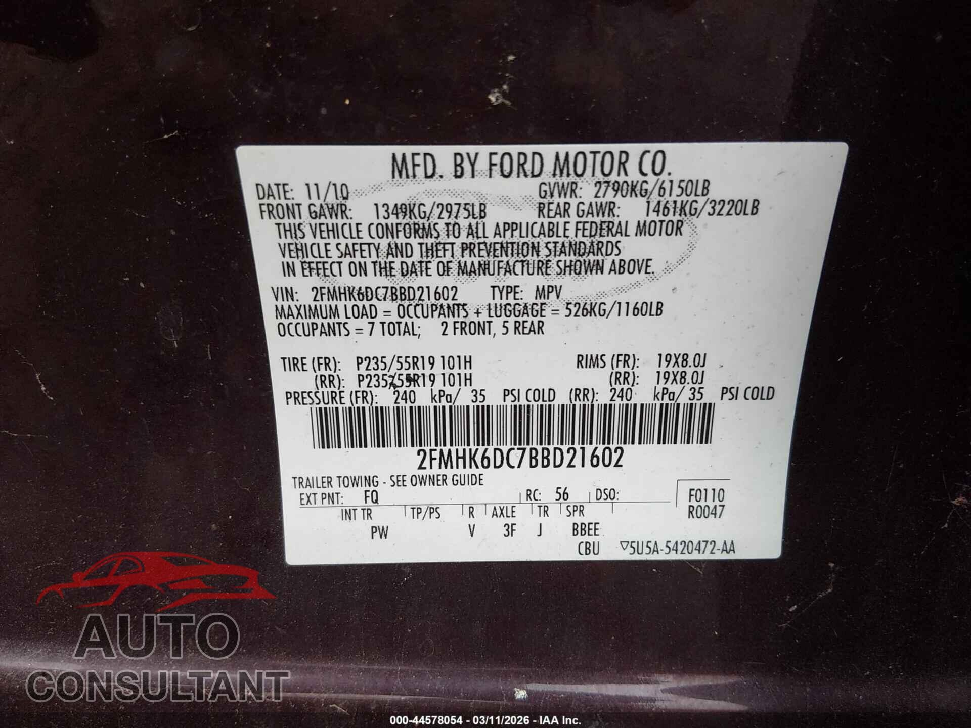 FORD FLEX 2011 - 2FMHK6DC7BBD21602