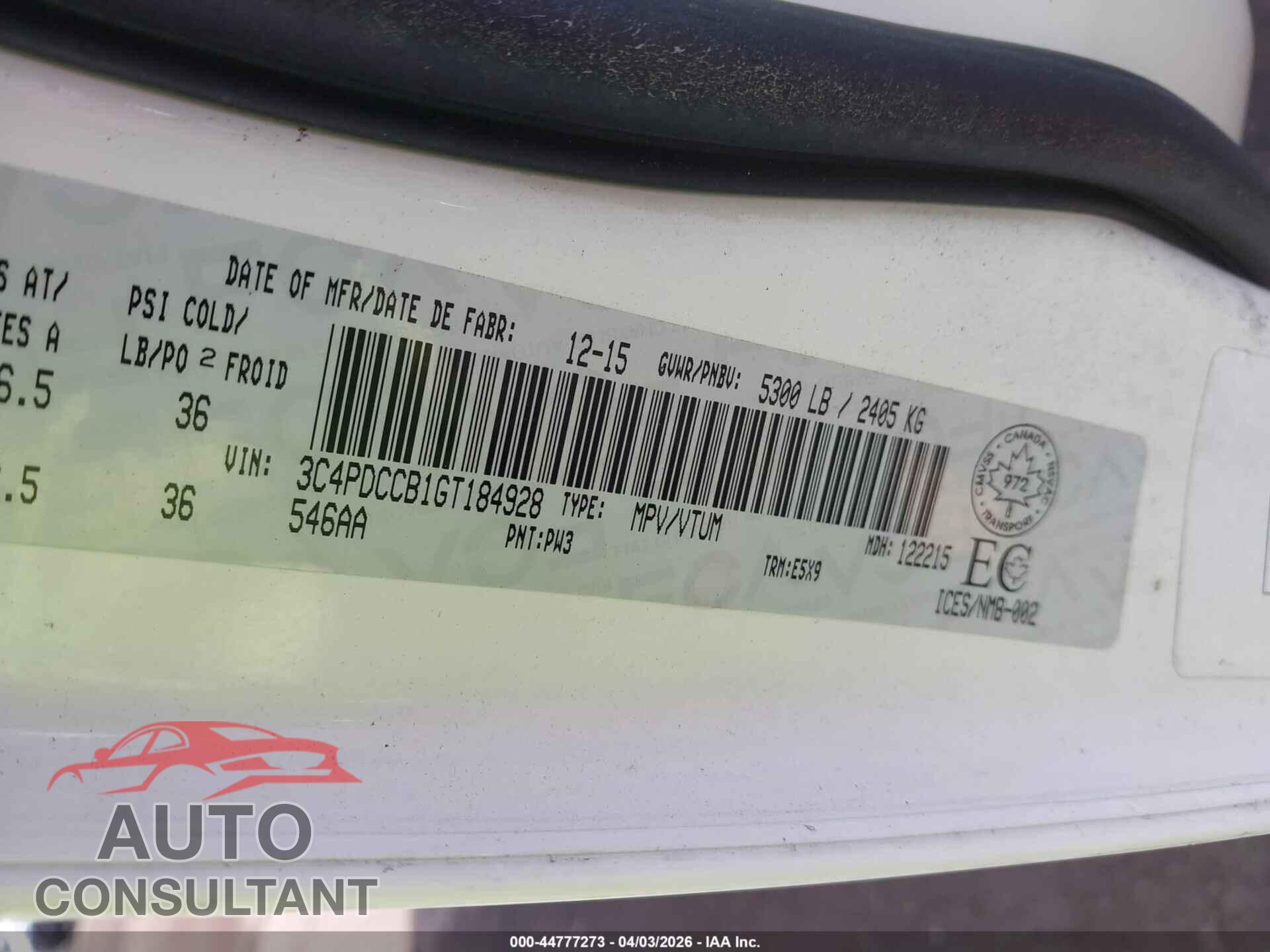 DODGE JOURNEY 2016 - 3C4PDCCB1GT184928
