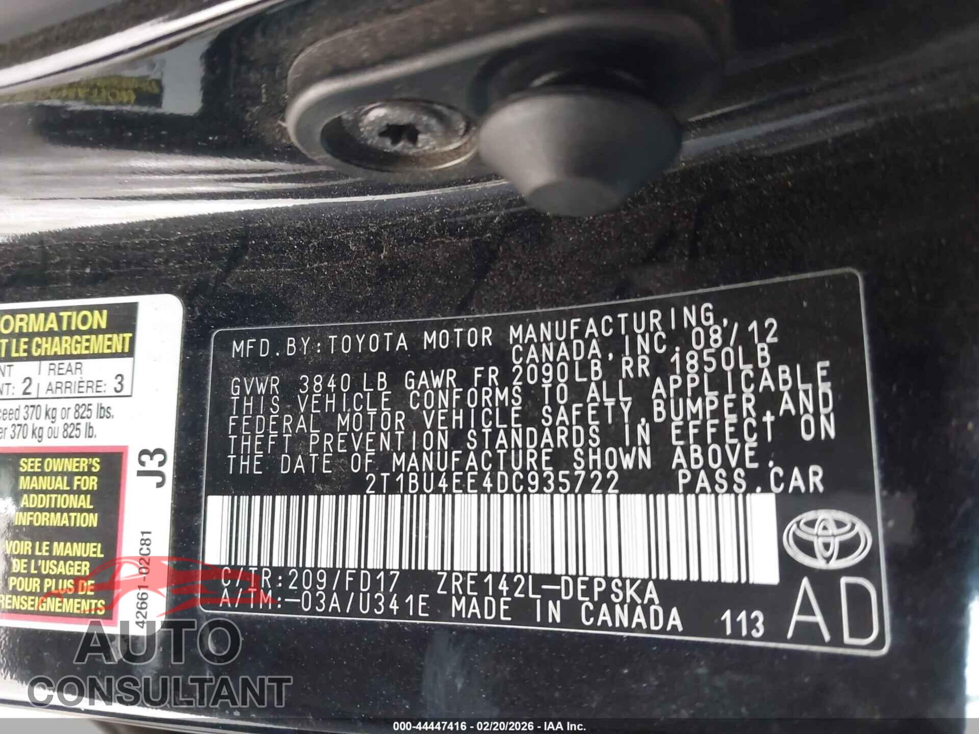 TOYOTA COROLLA 2013 - 2T1BU4EE4DC935722
