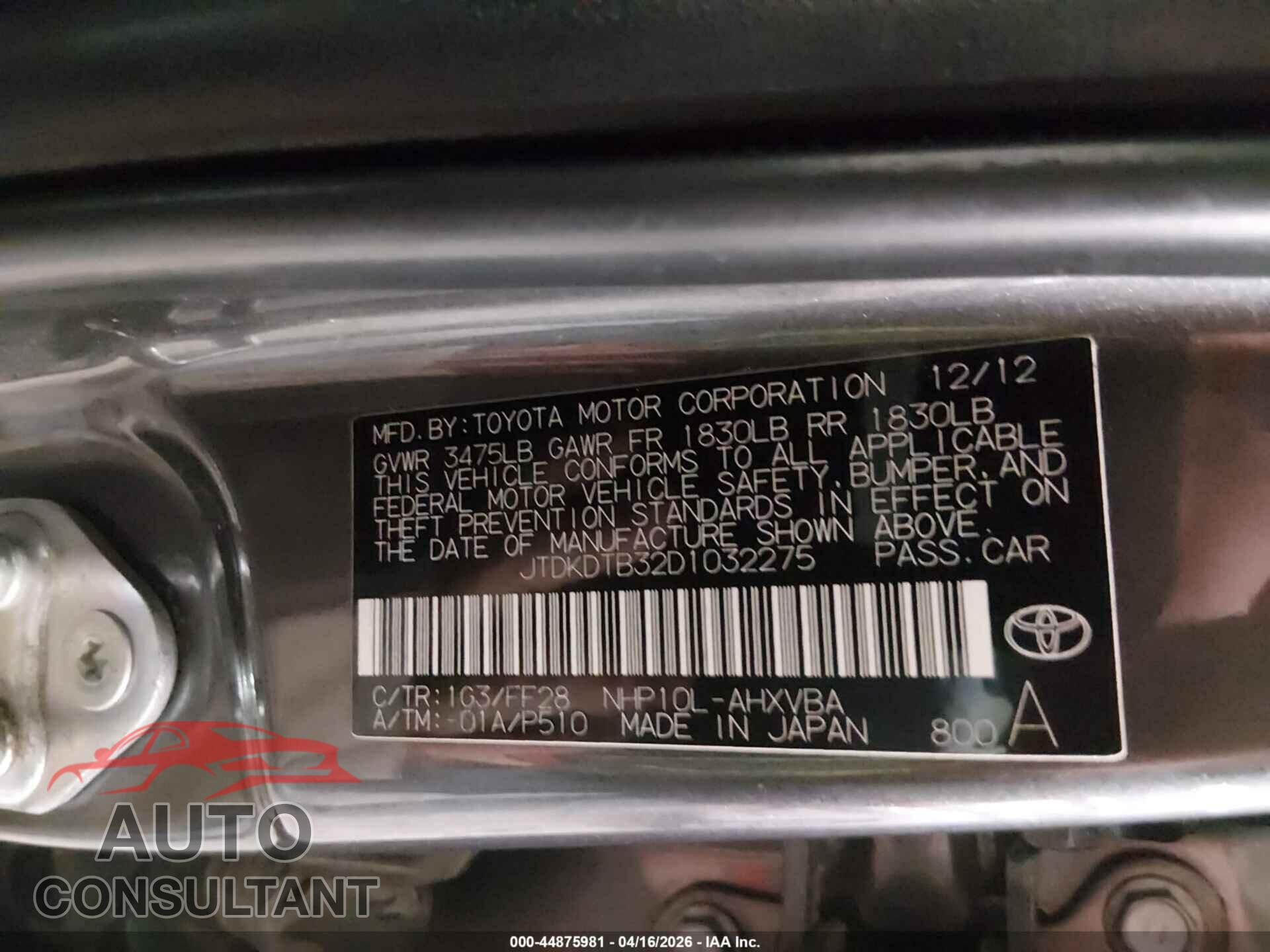TOYOTA PRIUS C 2013 - JTDKDTB32D1032275