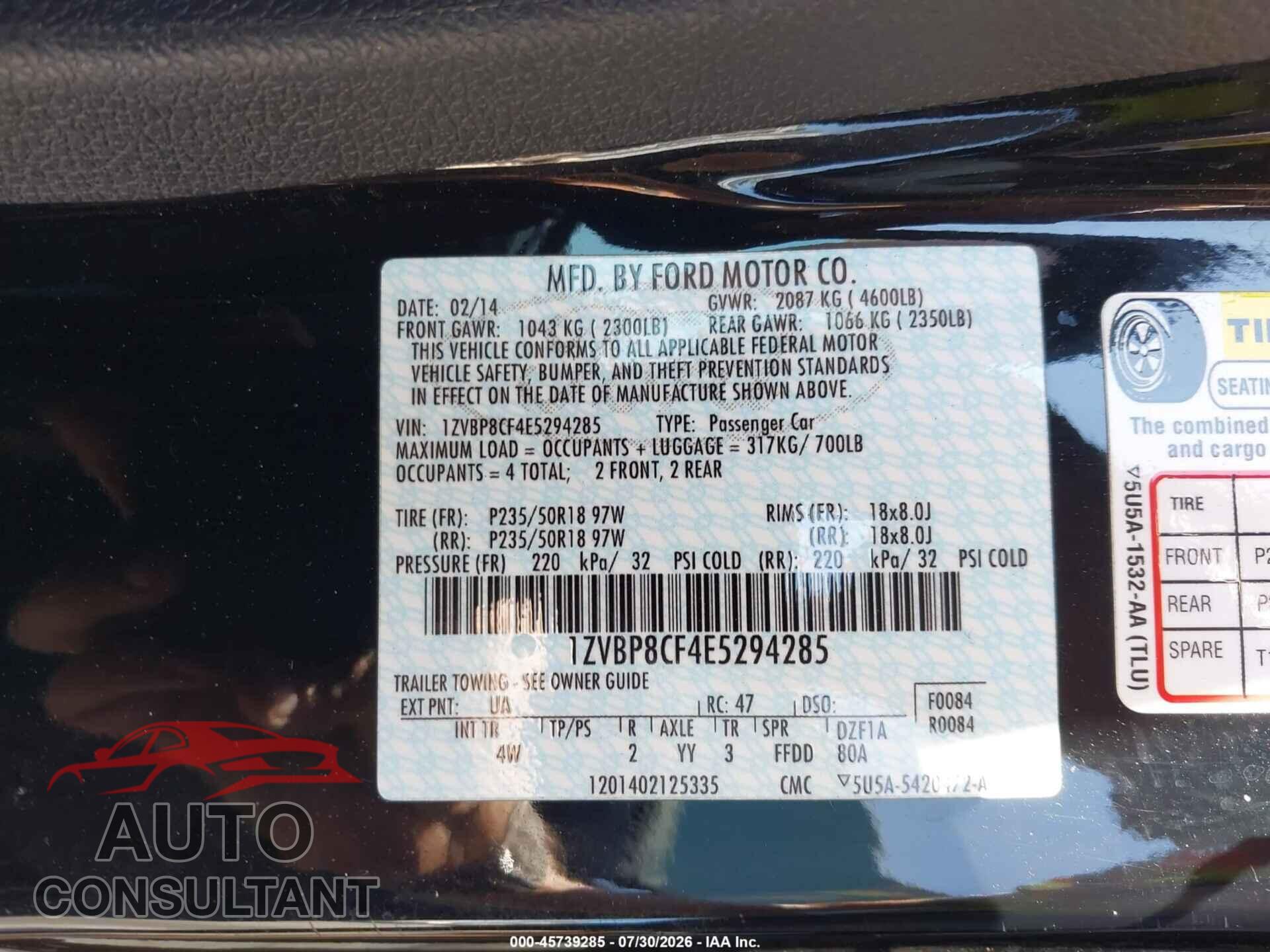 FORD MUSTANG 2014 - 1ZVBP8CF4E5294285