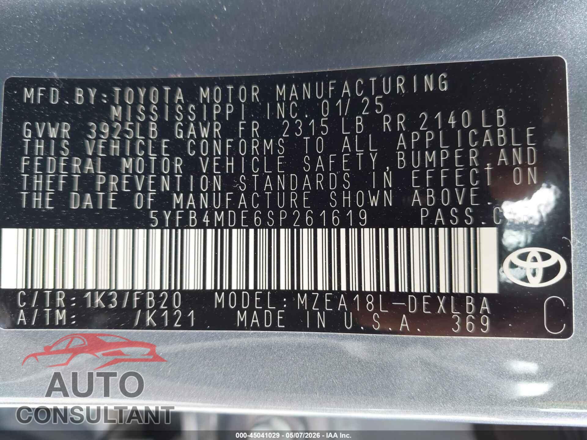 TOYOTA COROLLA 2025 - 5YFB4MDE6SP261619