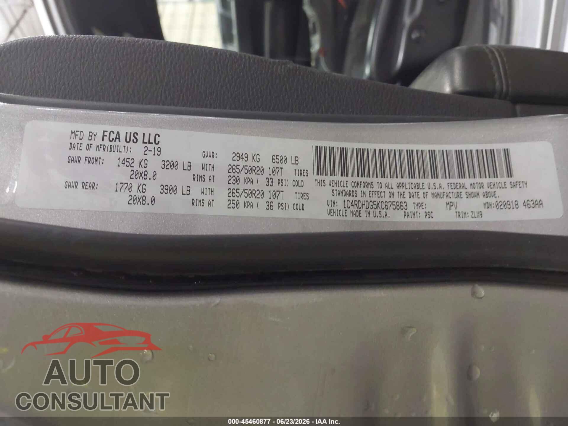 DODGE DURANGO 2019 - 1C4RDHDG5KC675863