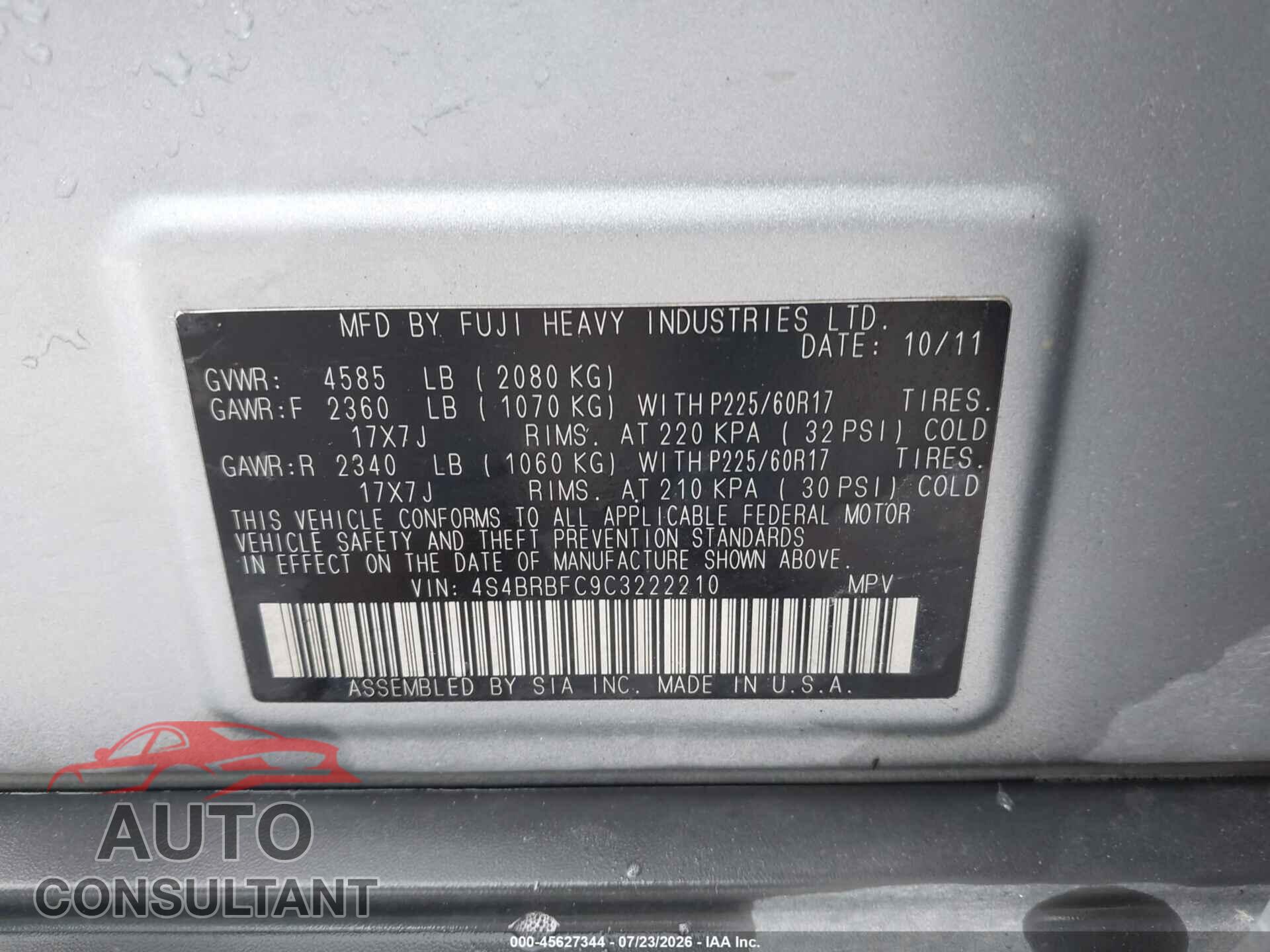 SUBARU OUTBACK 2012 - 4S4BRBFC9C3222210