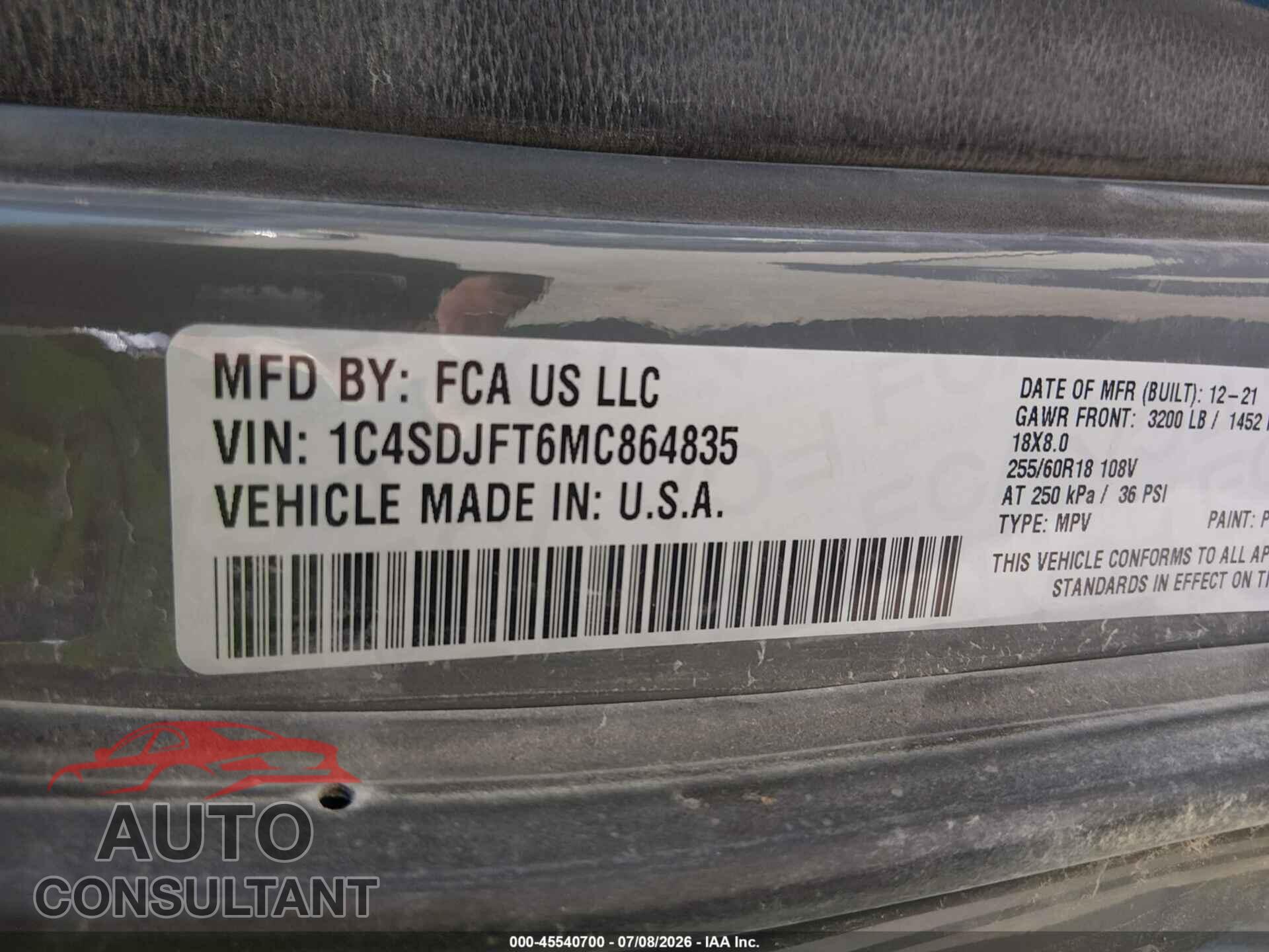 DODGE DURANGO 2021 - 1C4SDJFT6MC864835