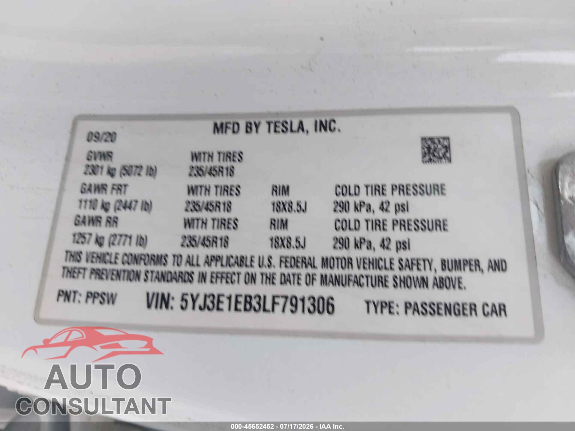 TESLA MODEL 3 2020 - 5YJ3E1EB3LF791306