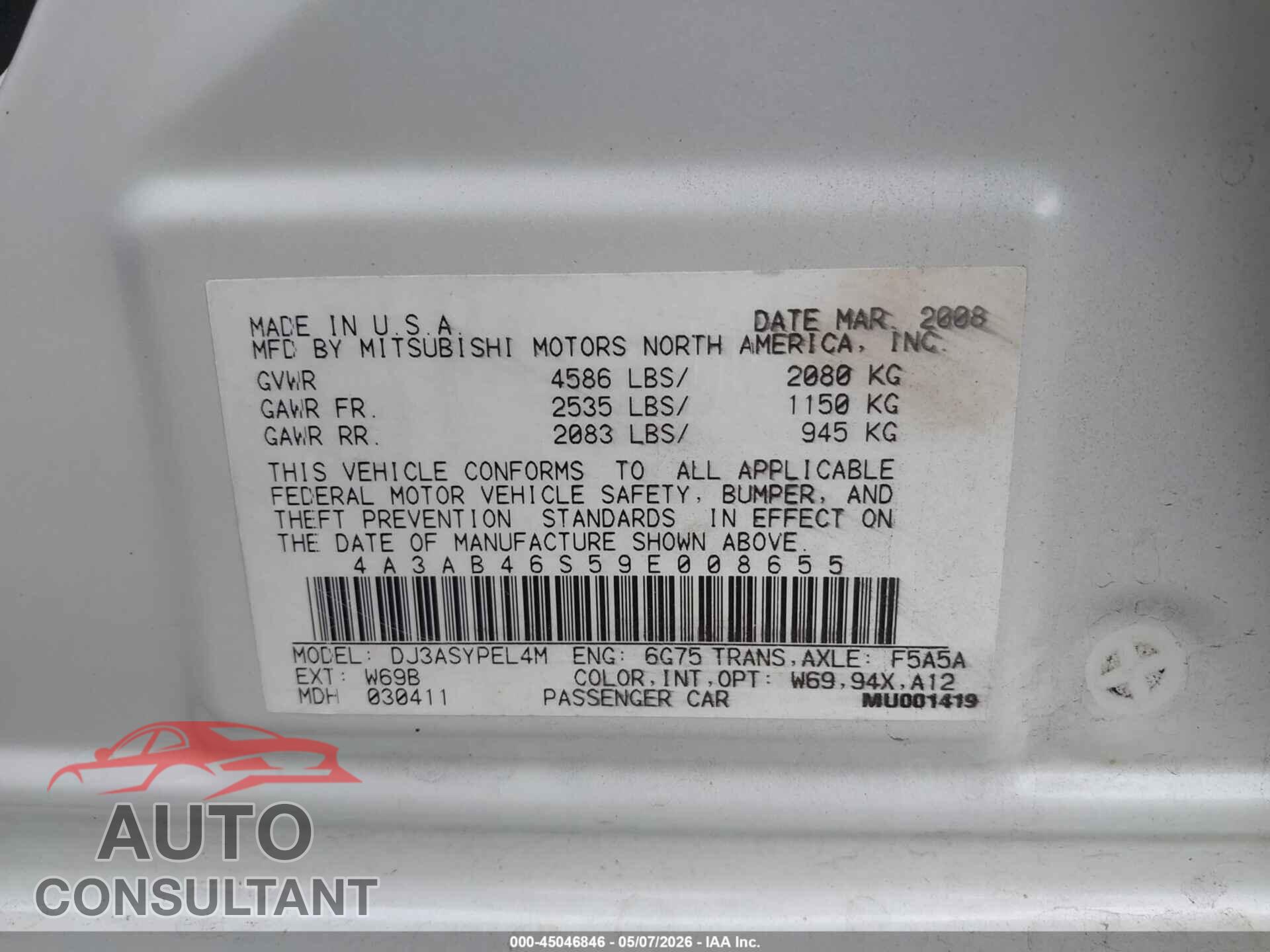 MITSUBISHI GALANT 2009 - 4A3AB46S59E008655