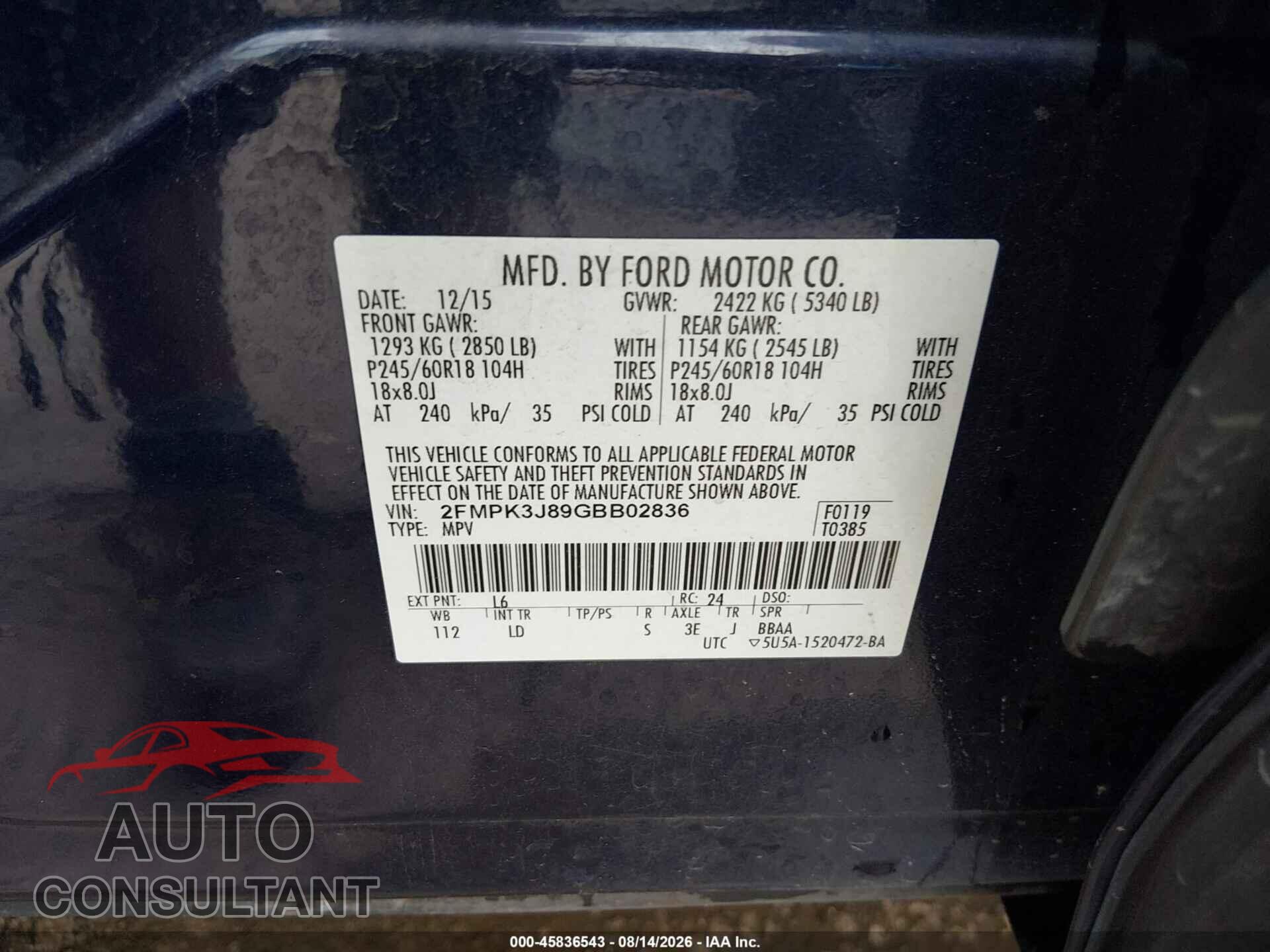 FORD EDGE 2016 - 2FMPK3J89GBB02836