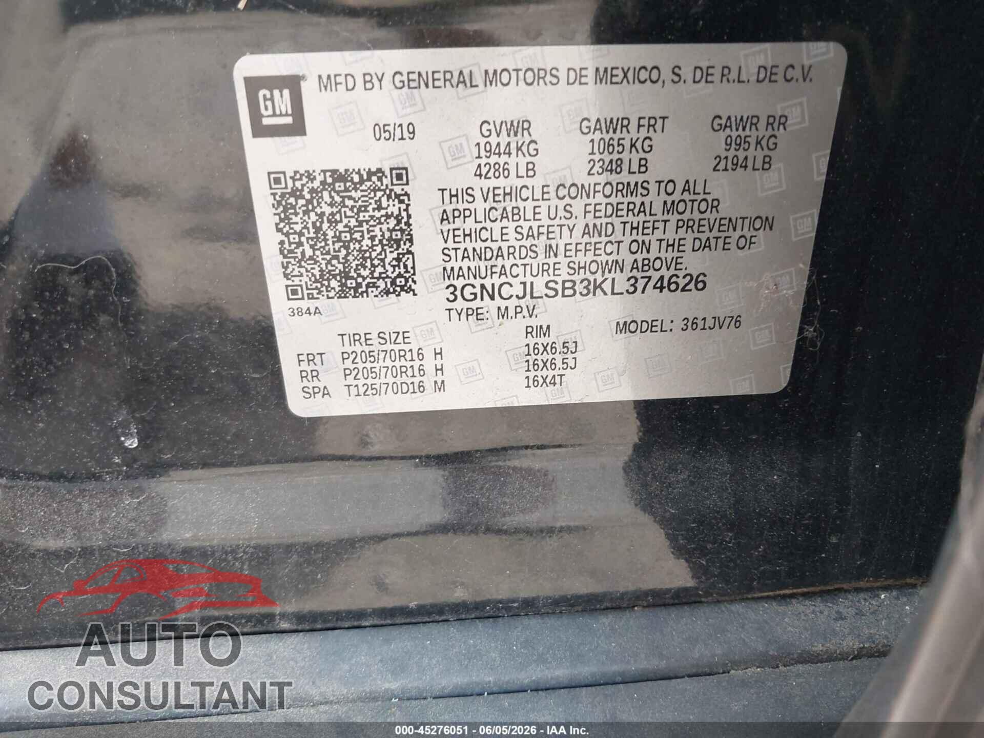 CHEVROLET TRAX 2019 - 3GNCJLSB3KL374626
