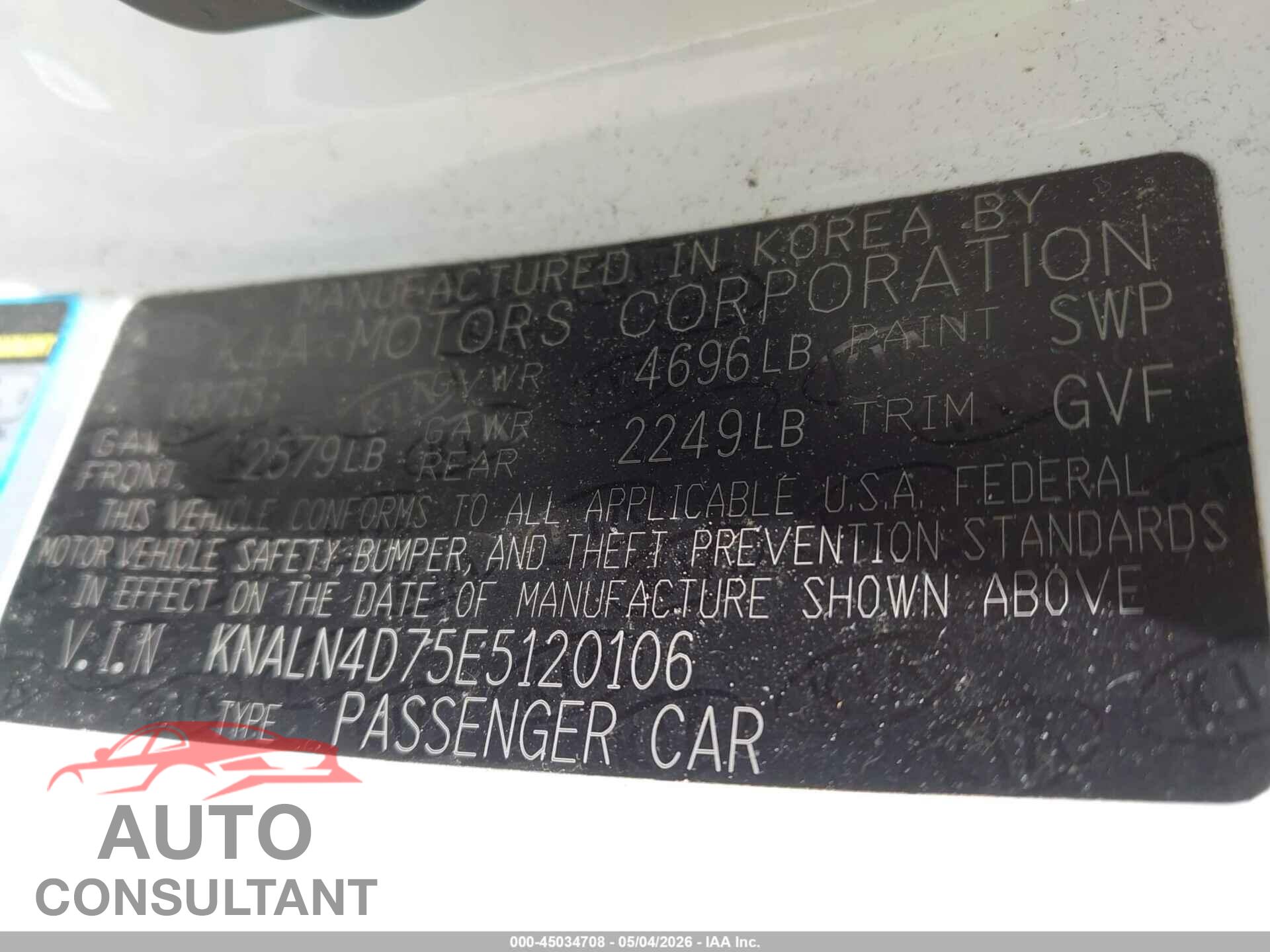 KIA CADENZA 2014 - KNALN4D75E5120106