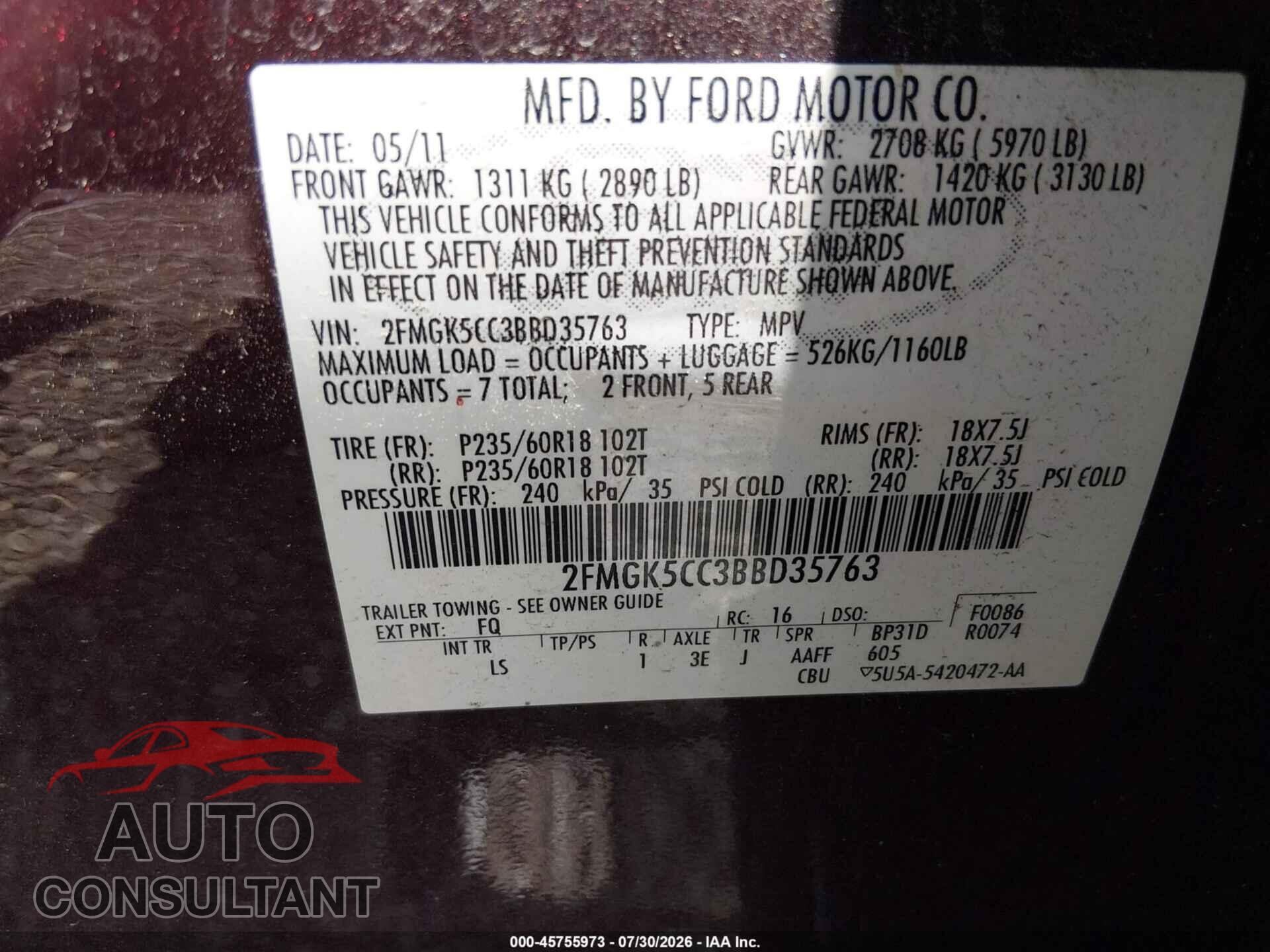 FORD FLEX 2011 - 2FMGK5CC3BBD35763