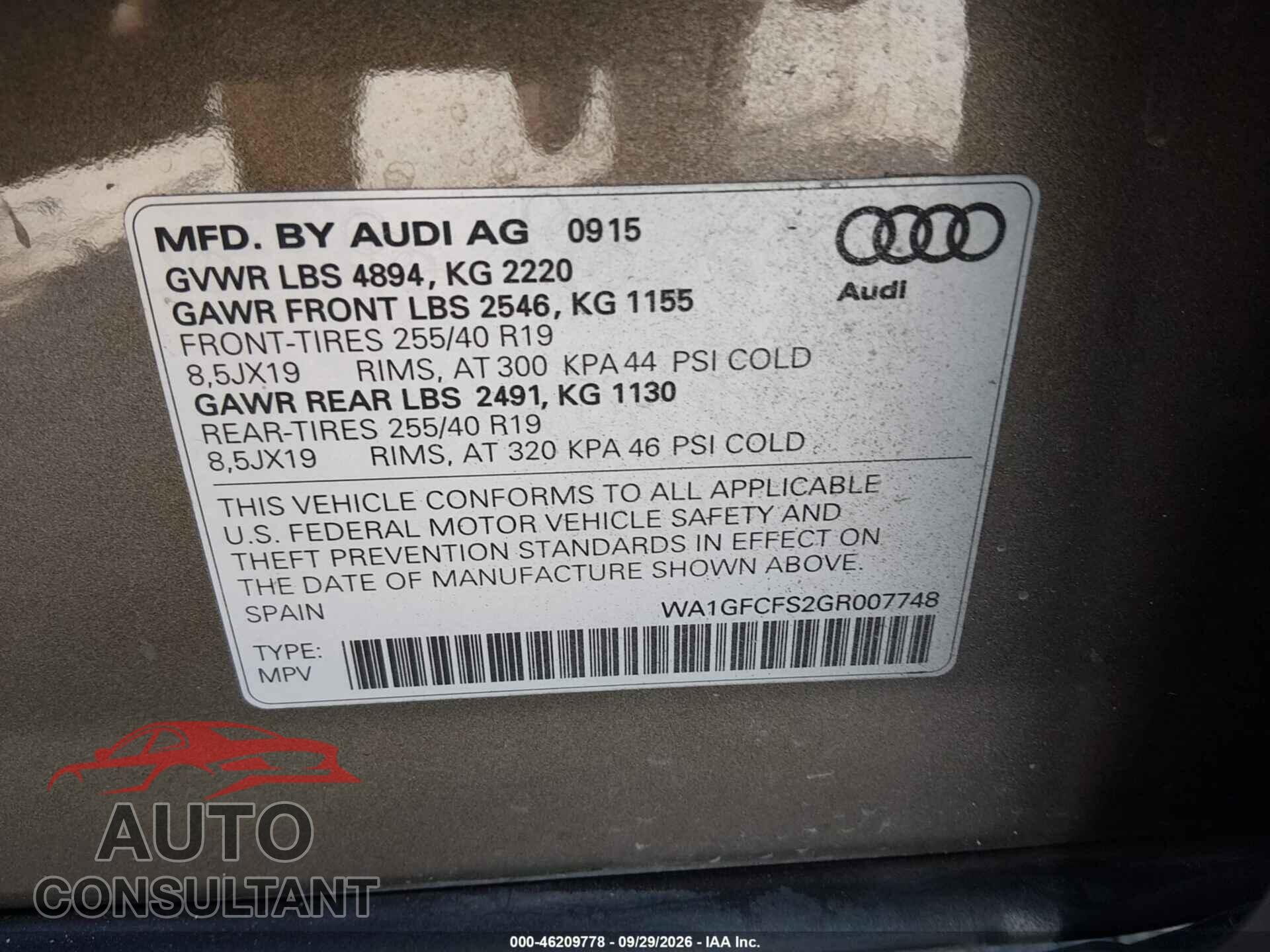 AUDI Q3 2016 - WA1GFCFS2GR007748