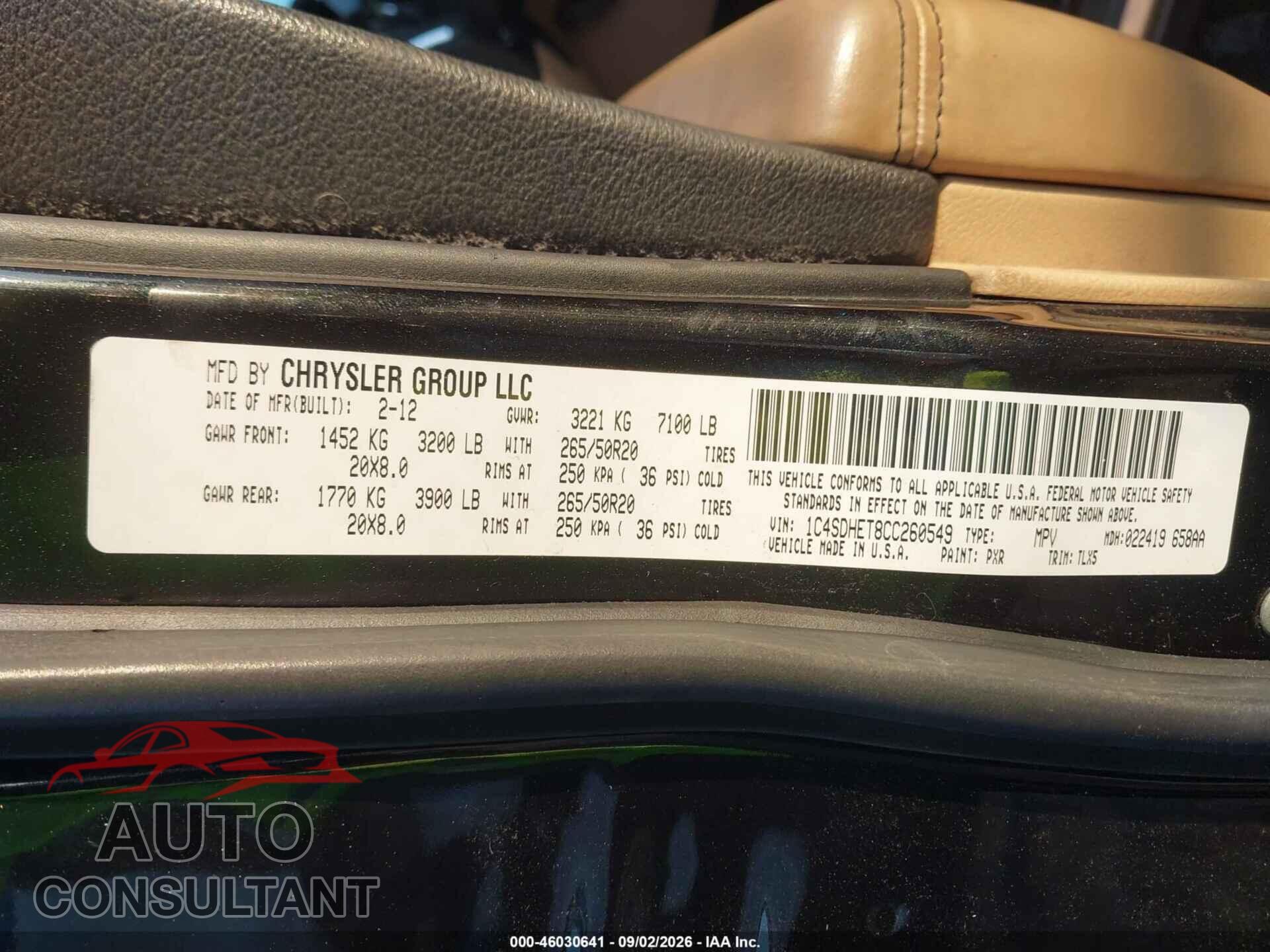 DODGE DURANGO 2012 - 1C4SDHET8CC260549