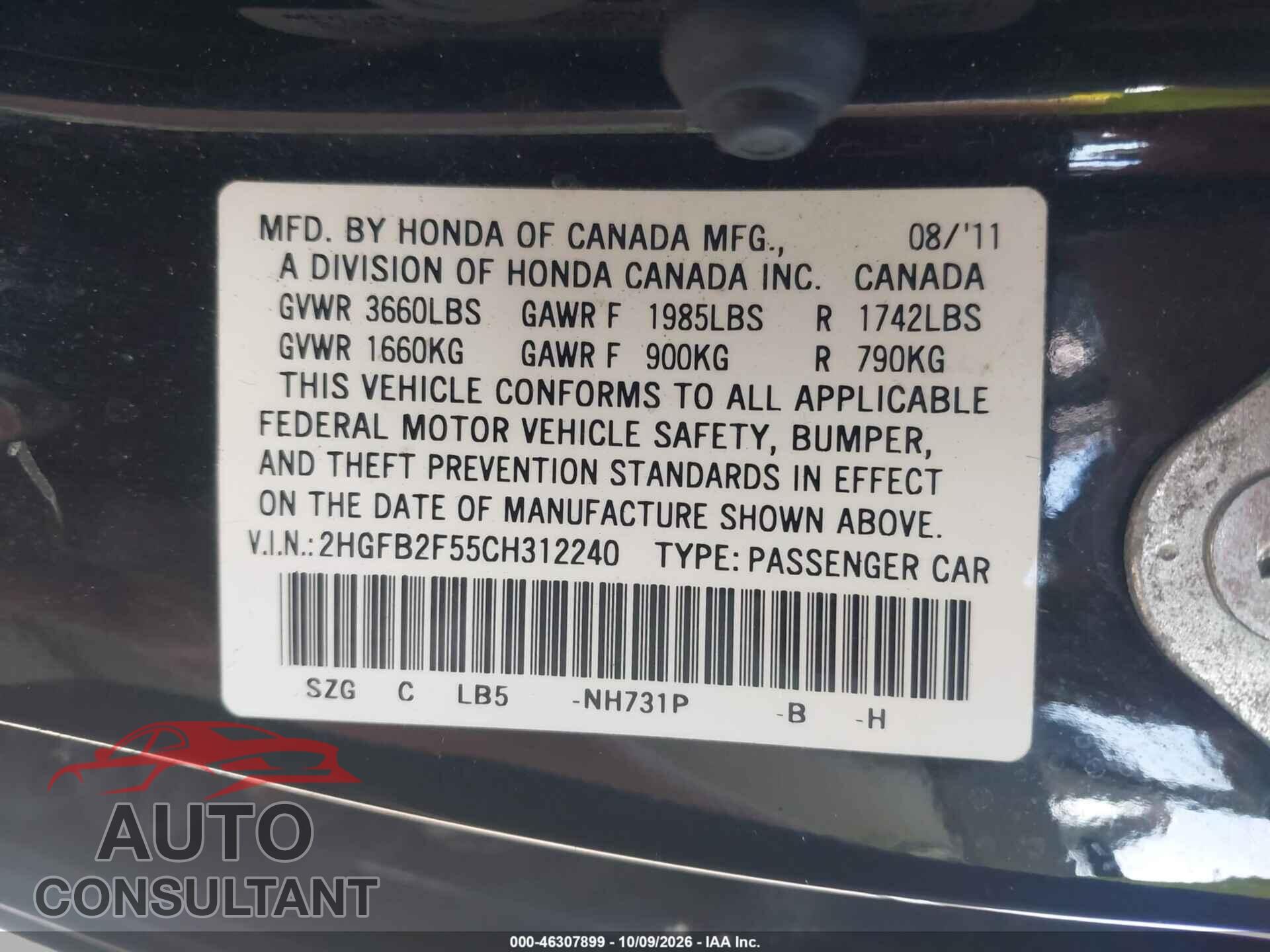 HONDA CIVIC 2012 - 2HGFB2F55CH312240