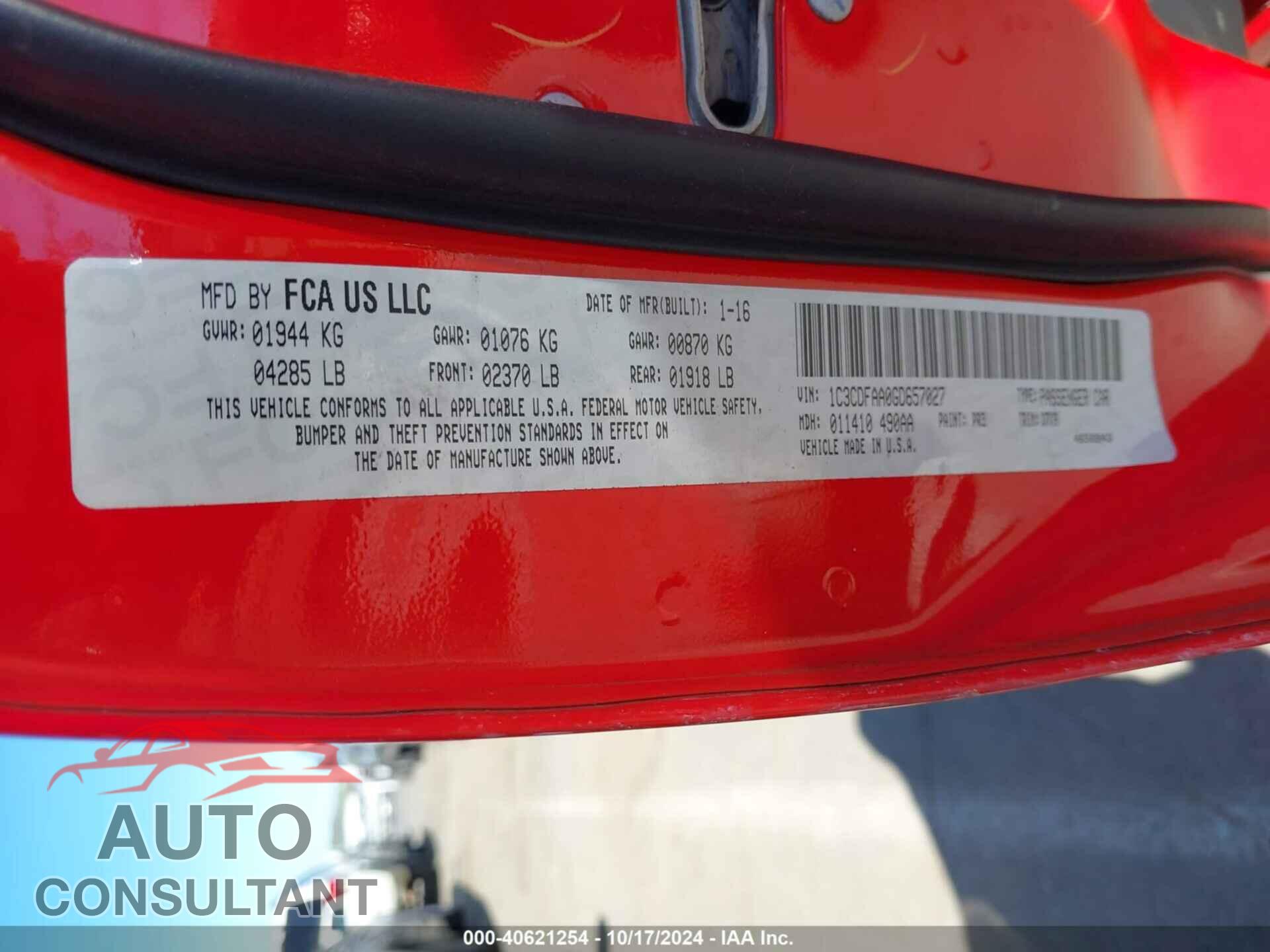 DODGE DART 2016 - 1C3CDFAA0GD657027