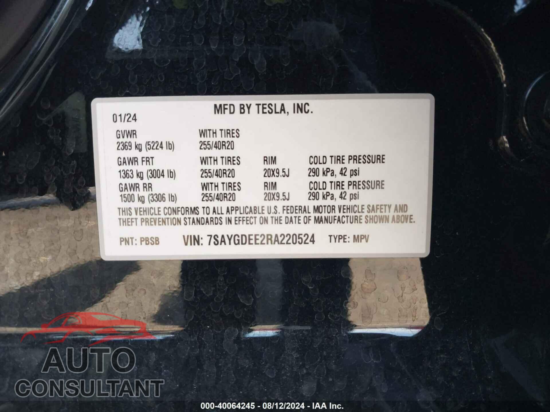 TESLA MODEL Y 2024 - 7SAYGDEE2RA220524
