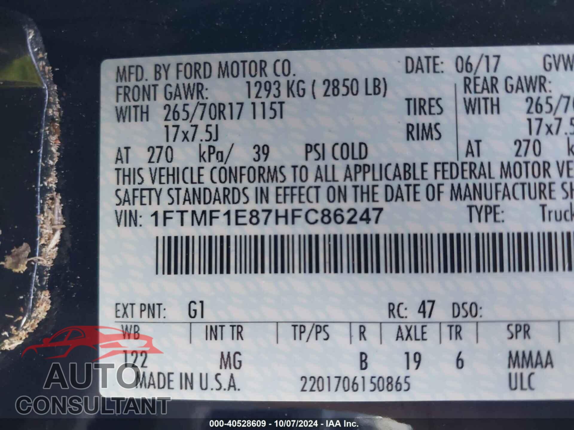 FORD F-150 2017 - 1FTMF1E87HFC86247