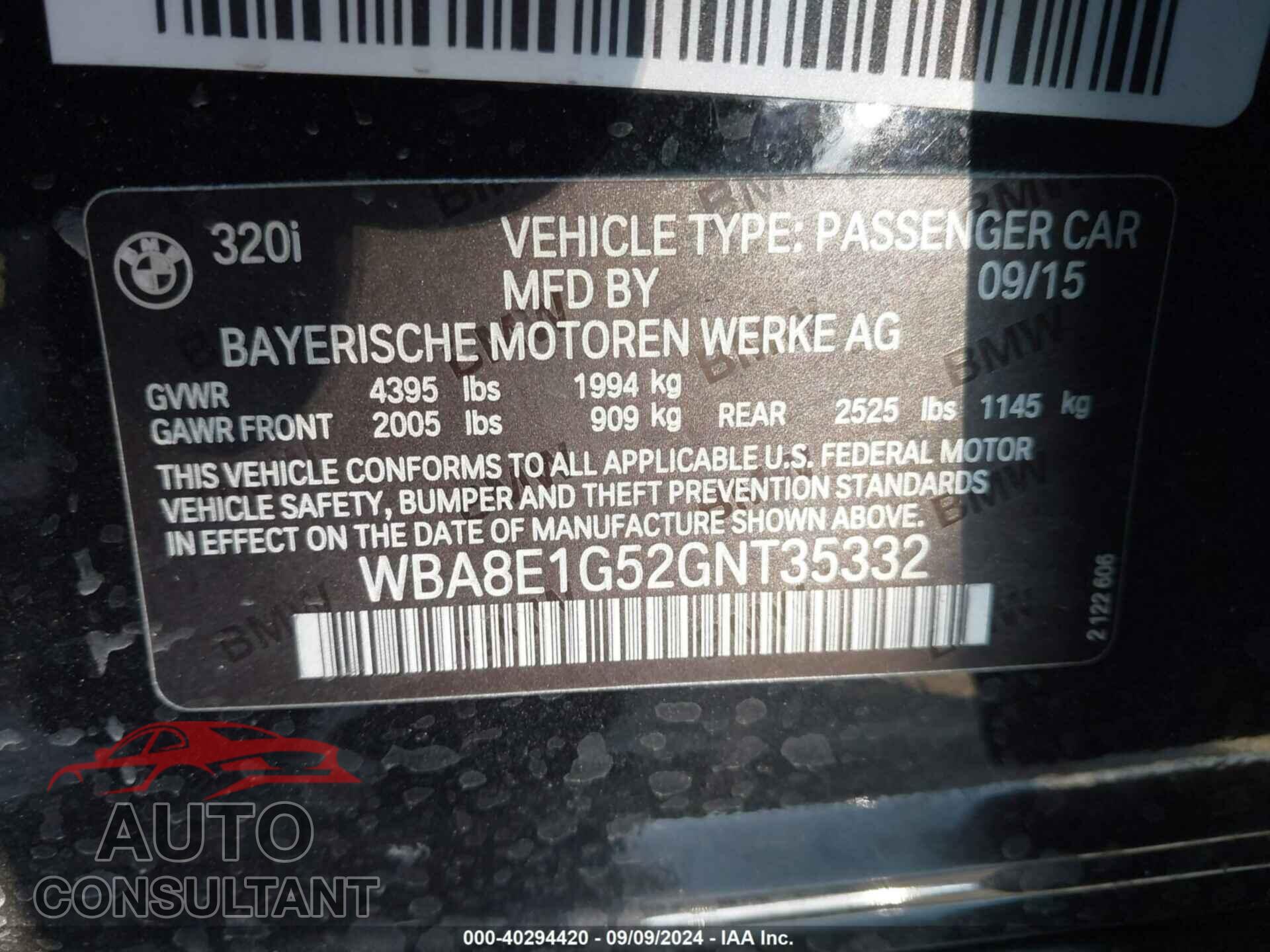BMW 320I 2016 - WBA8E1G52GNT35332