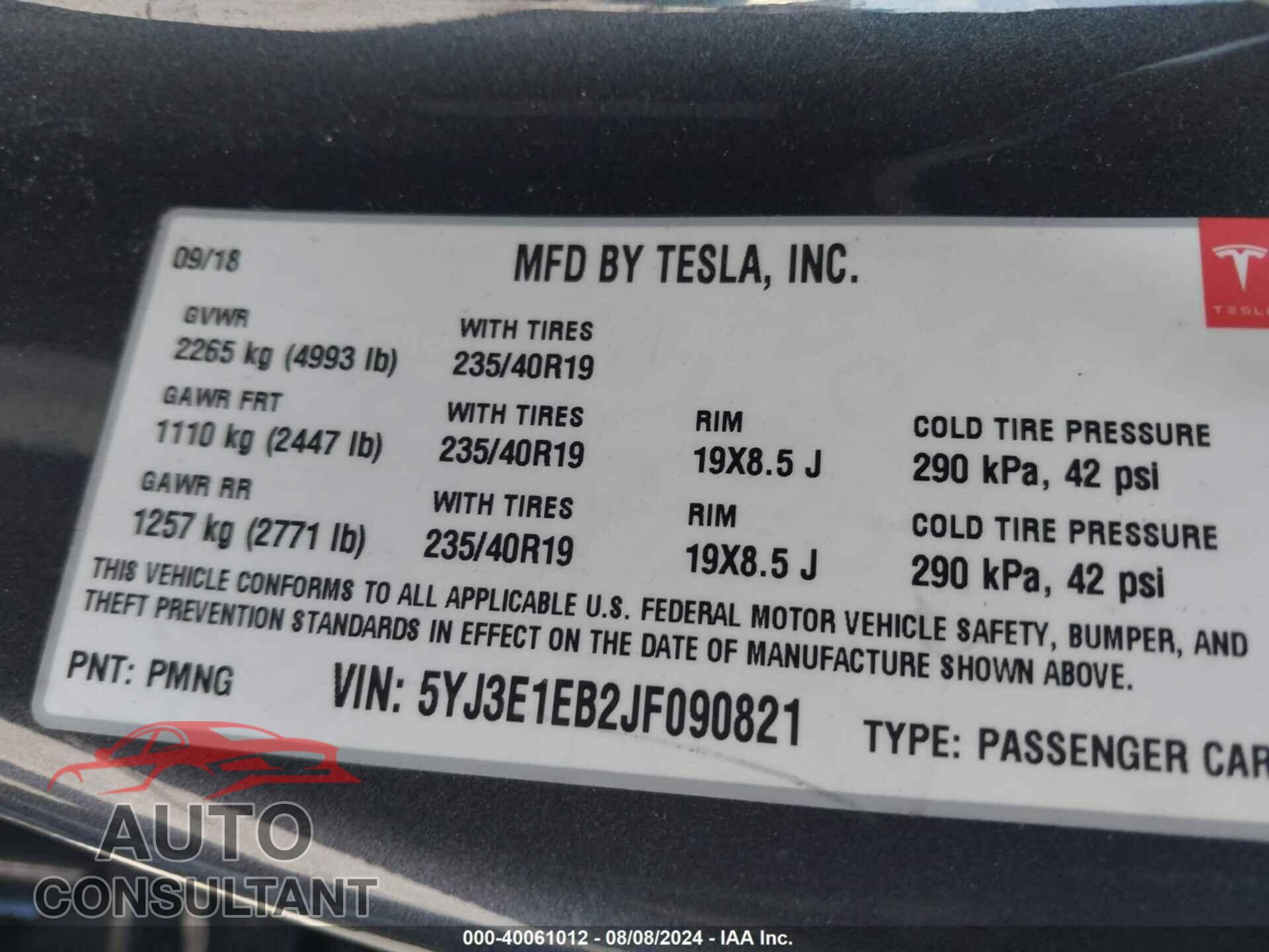 TESLA MODEL 3 2018 - 5YJ3E1EB2JF090821