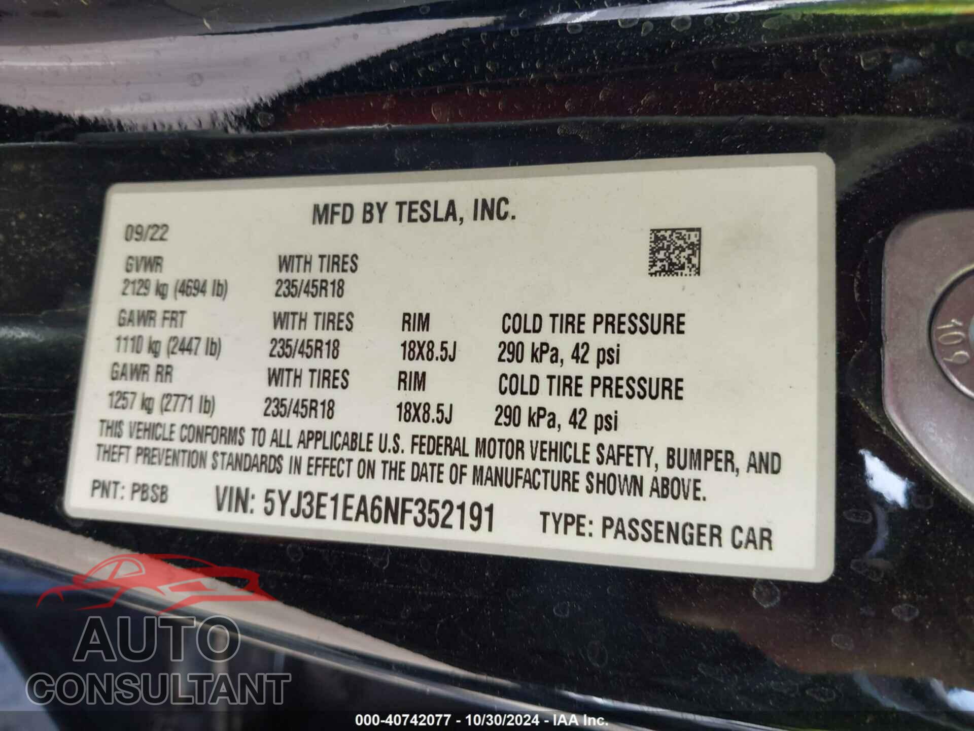 TESLA MODEL 3 2022 - 5YJ3E1EA6NF352191