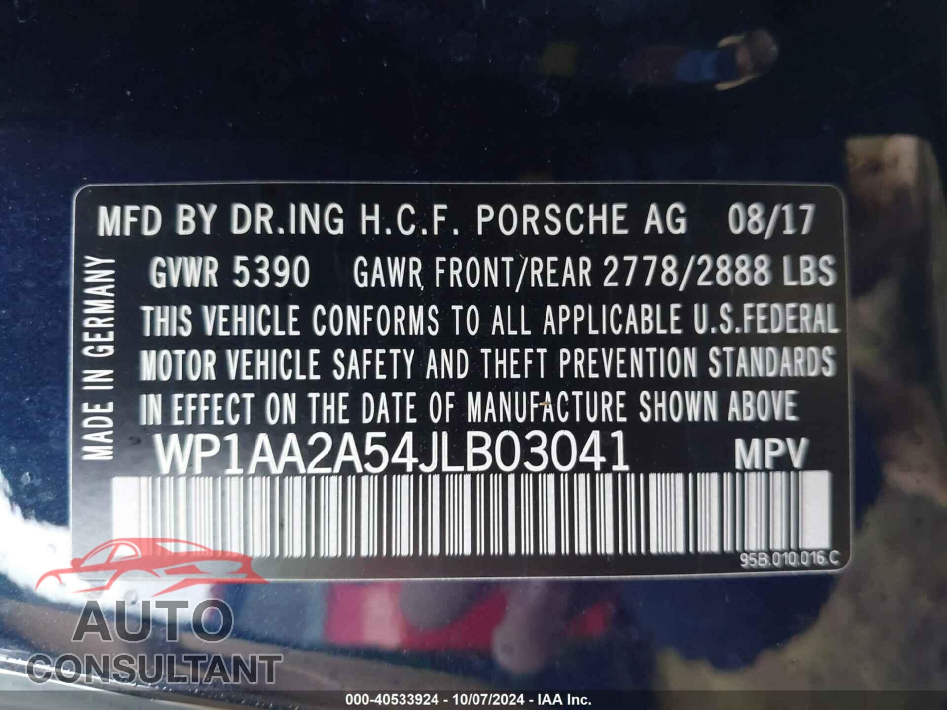 PORSCHE MACAN 2018 - WP1AA2A54JLB03041