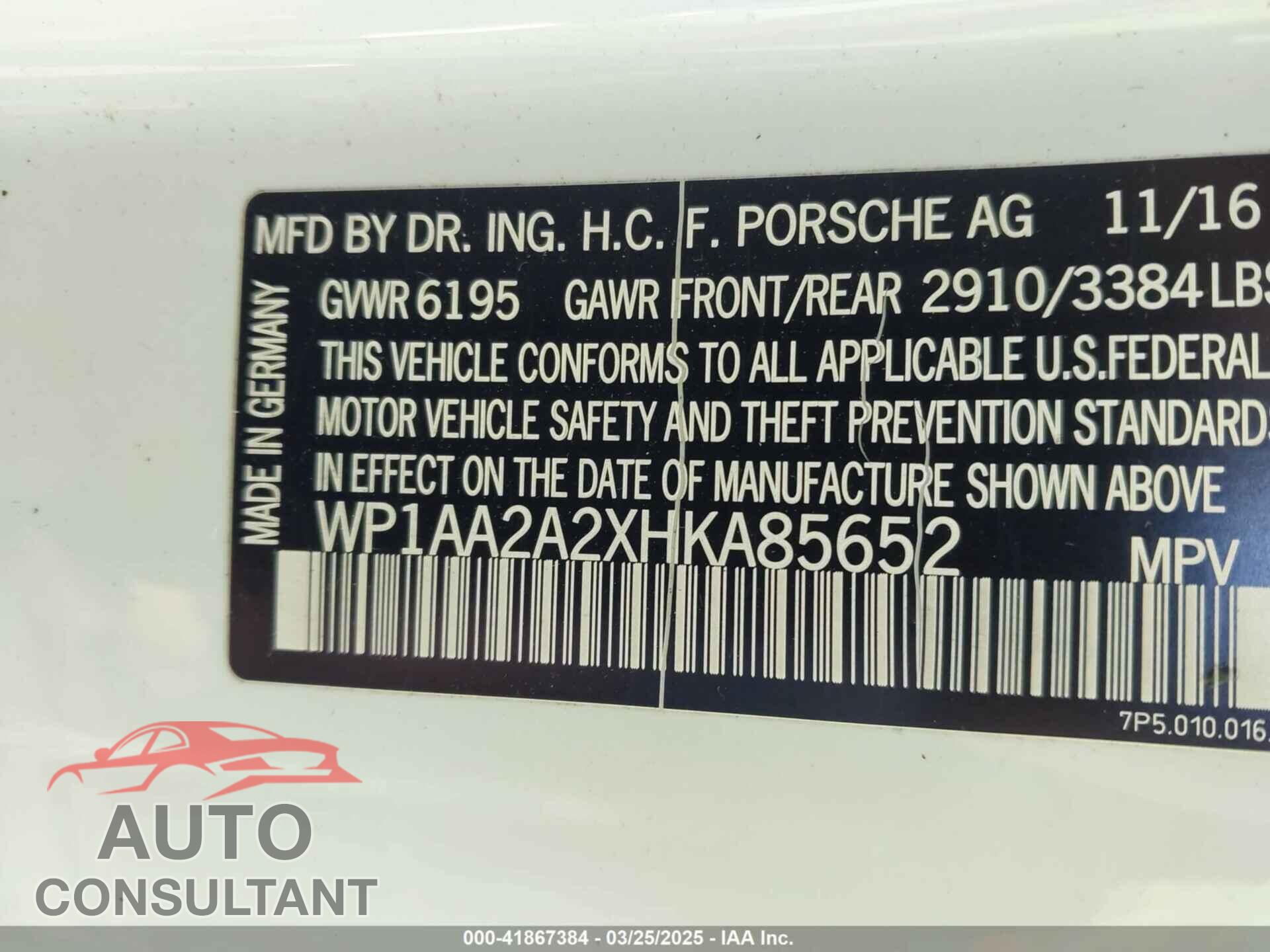 PORSCHE CAYENNE 2017 - WP1AA2A2XHKA85652